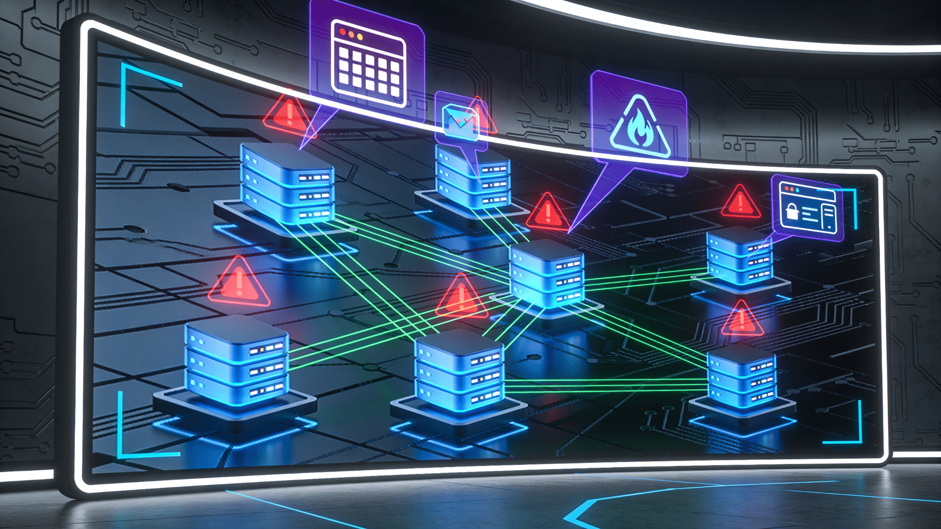 network servers connected with alerts showing security risks