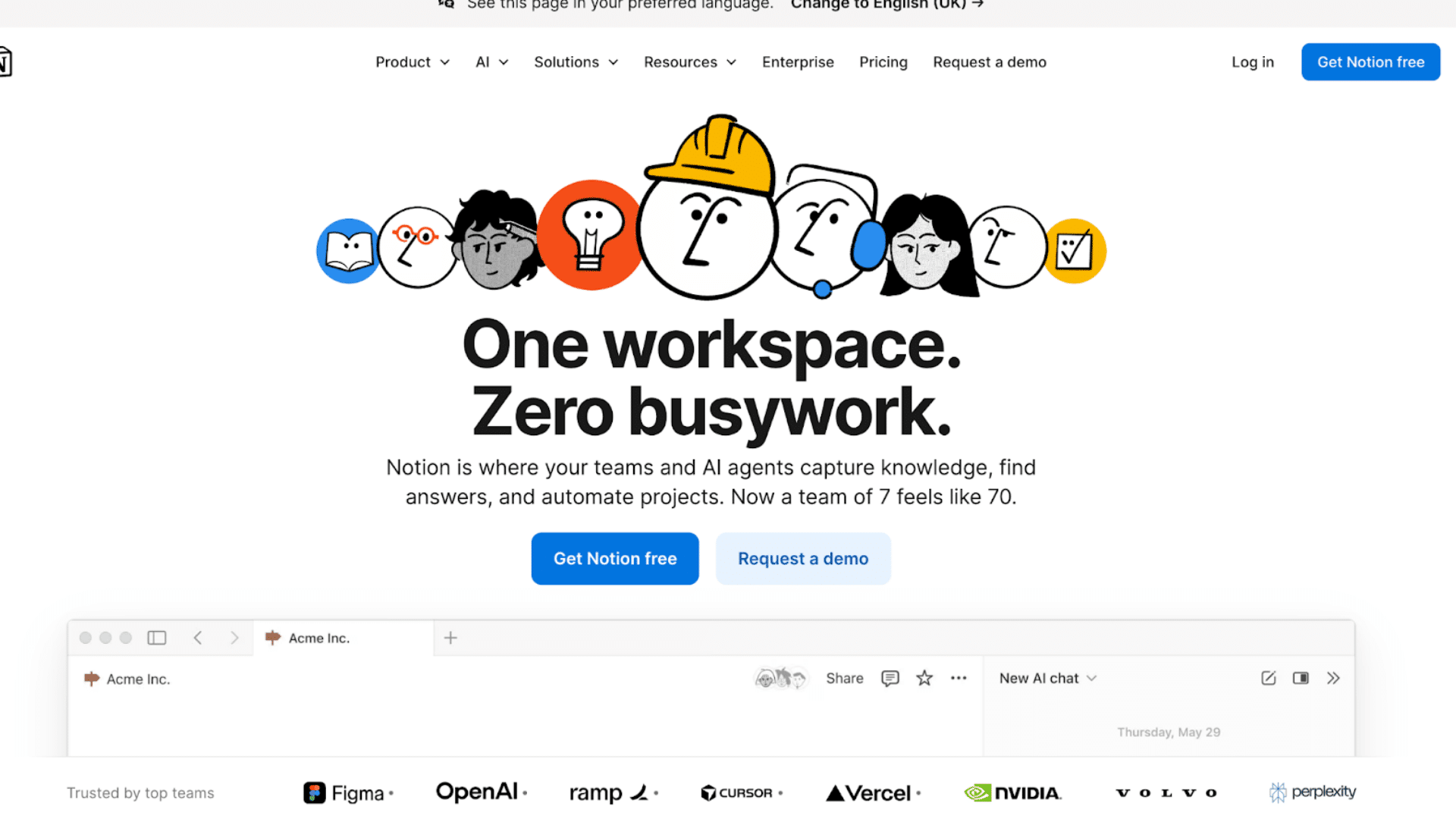 notion homepage promoting workspace collaboration and ai powered productivity tools