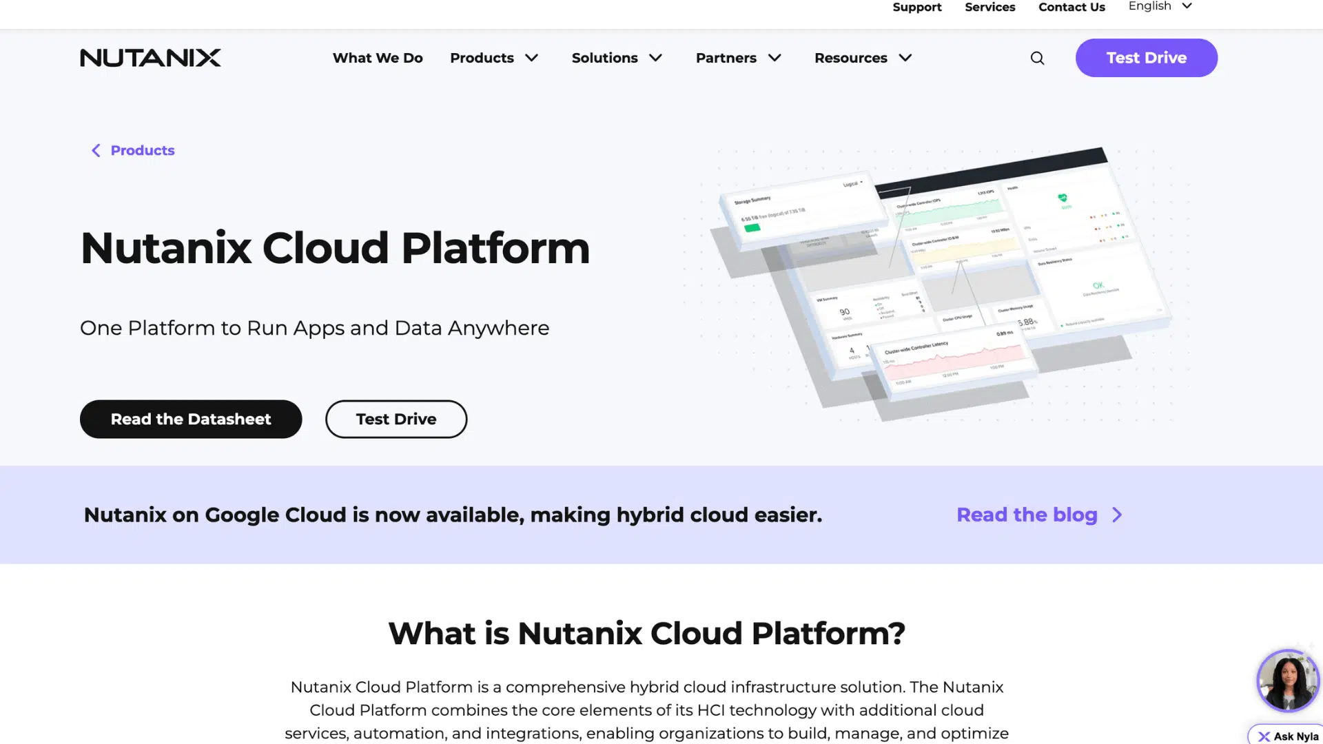 nutanix cloud platform page with read the datasheet and test drive buttons