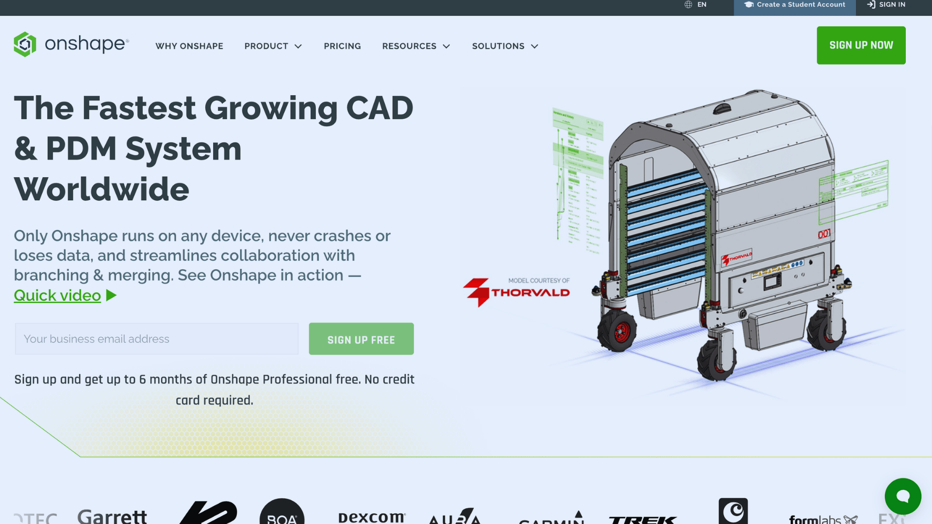 onshape homepage showing cloud cad platform with 3d model and free sign up button