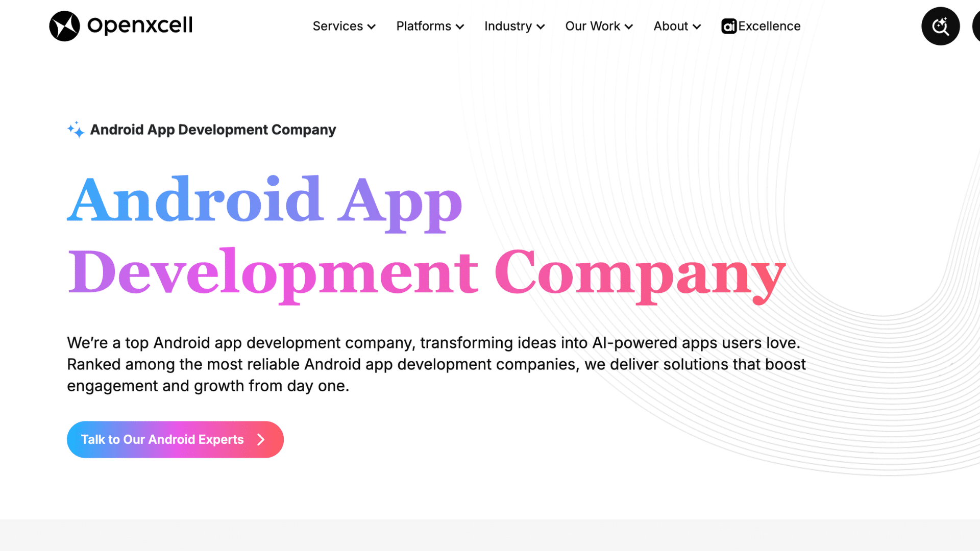 openxcell homepage highlighting ai powered app development expertise for android app