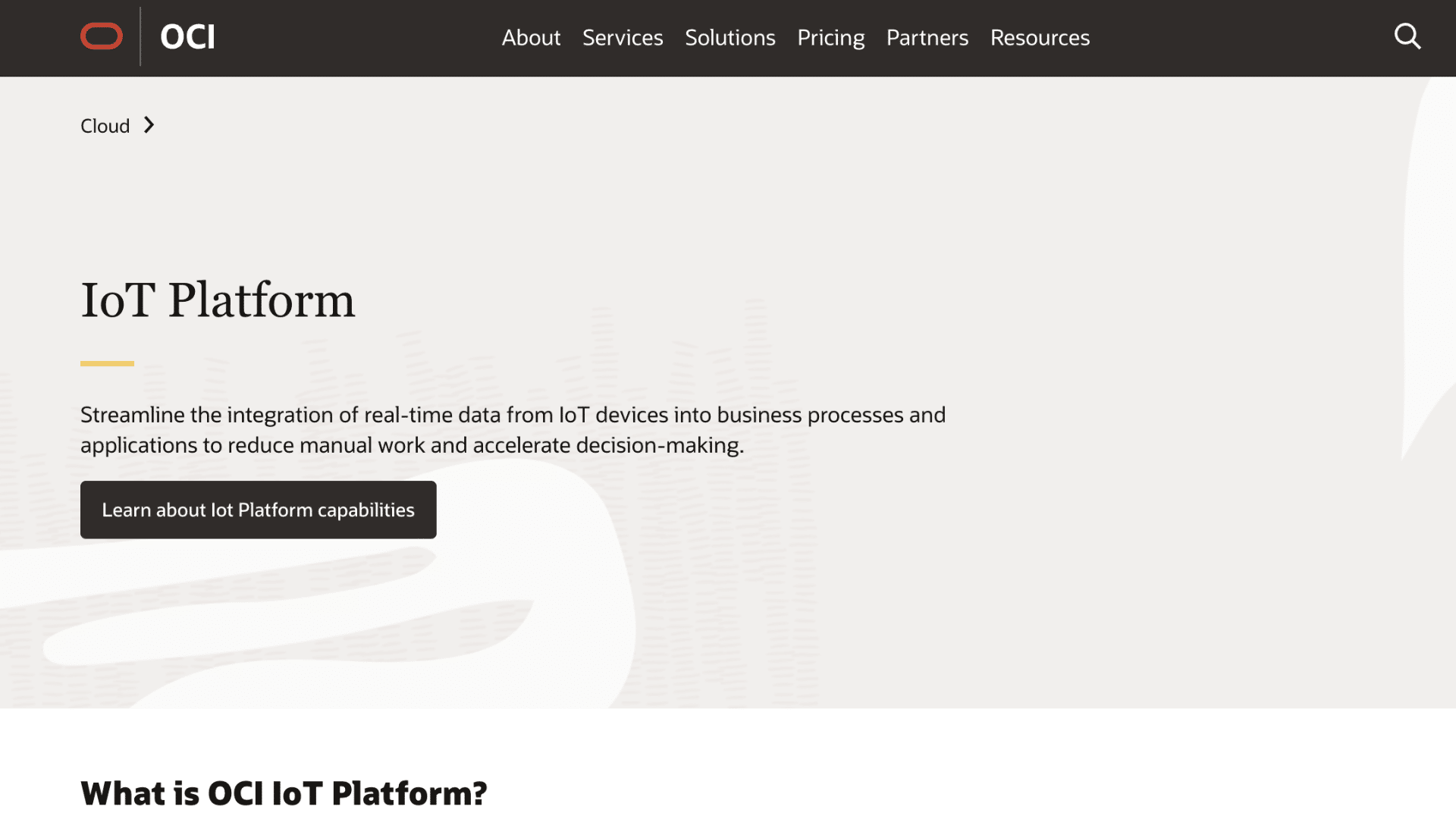 oracle oci iot platform homepage with overview and learn capabilities button