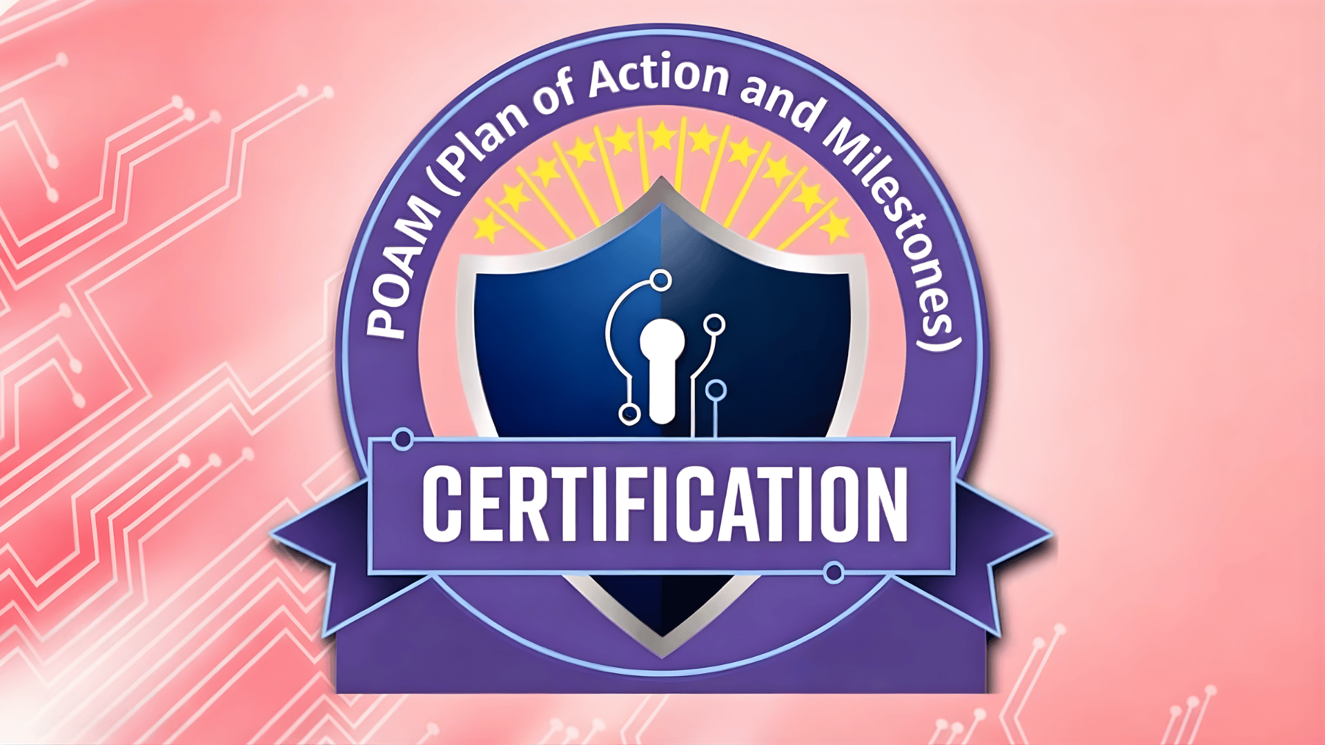 poam meaning certification badge with shield lock icon and circuit design on gradient background
