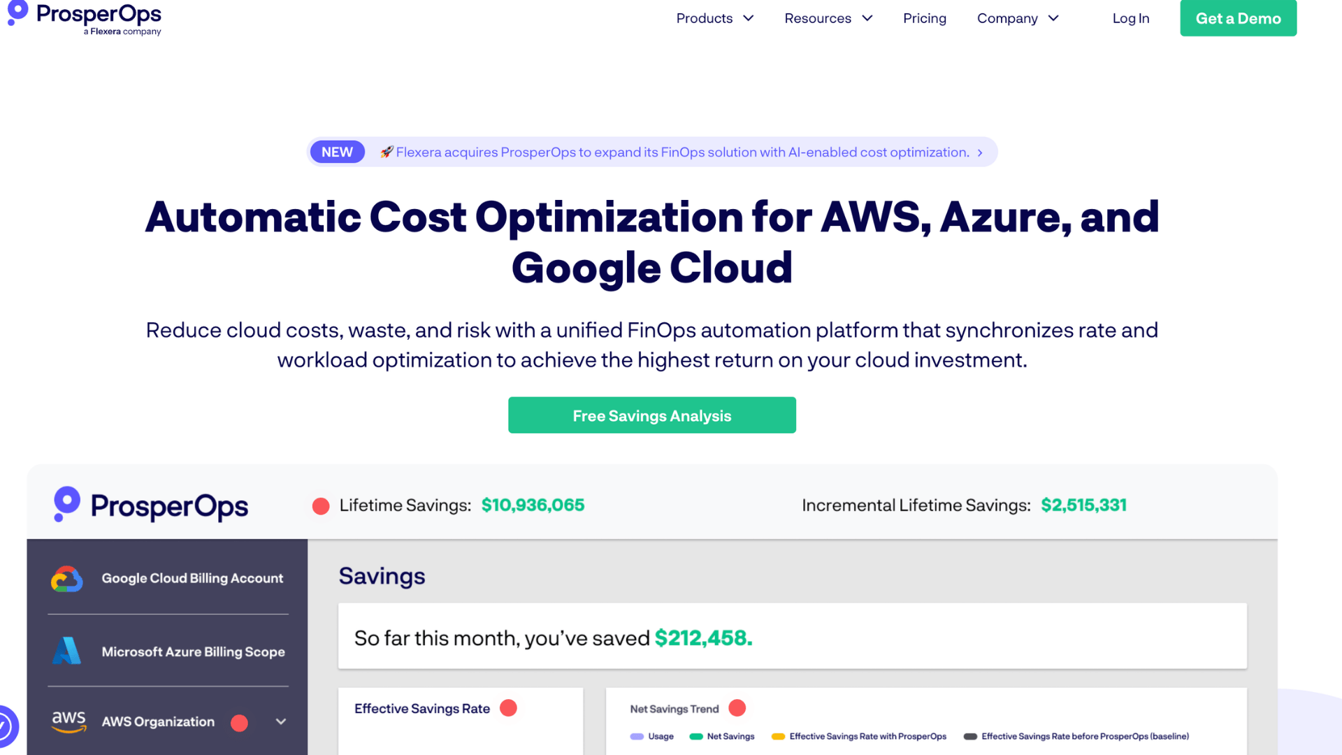 prosperops page about automatic cost optimization for aws azure and google cloud with free savings analysis button