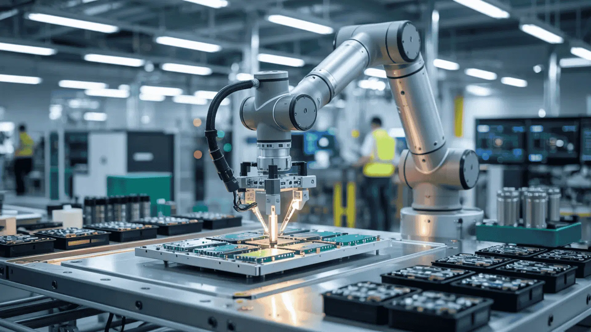 robotic arm assembling circuit boards in high tech automation in manufacturing