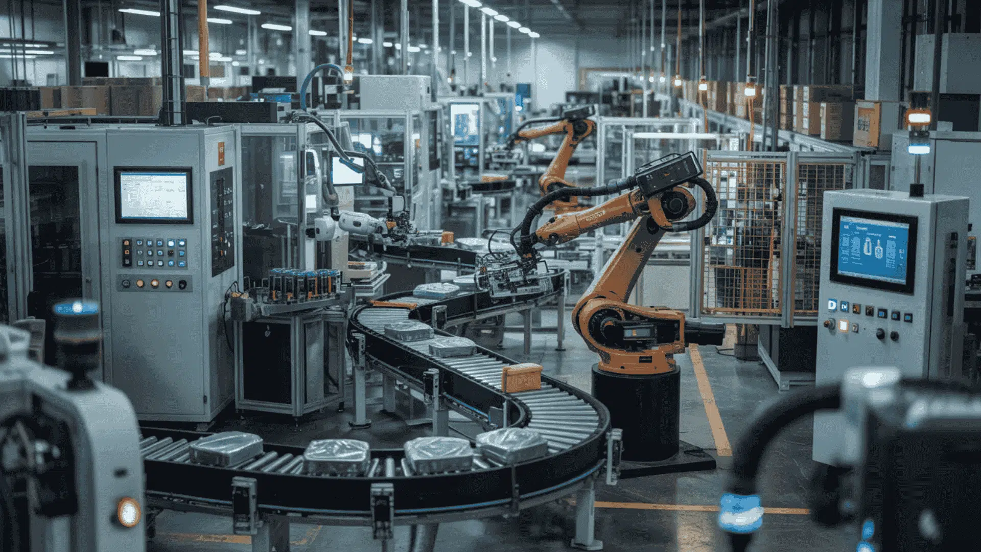 robotic arms operating on conveyor line in advanced automation in manufacturing plant