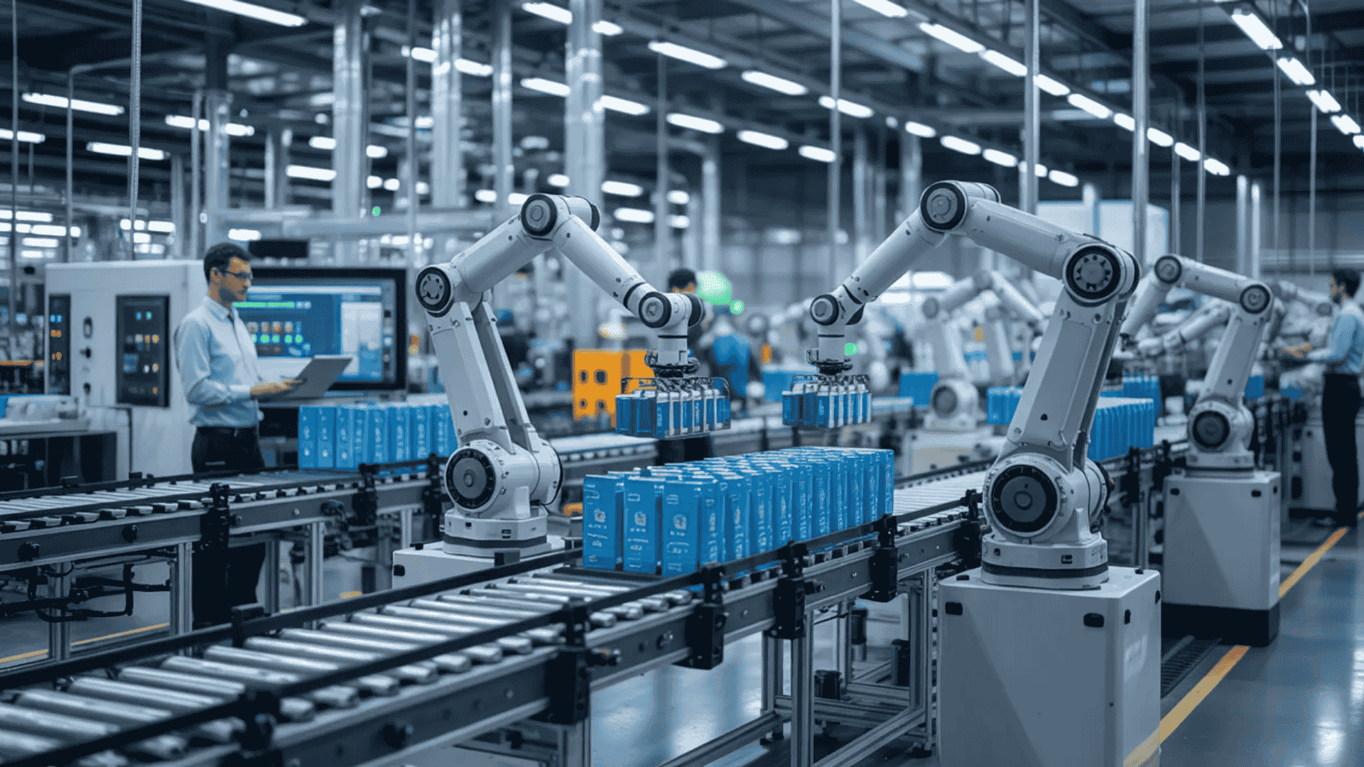 robotic arms sorting packaged boxes on conveyor line in automation in manufacturing facility