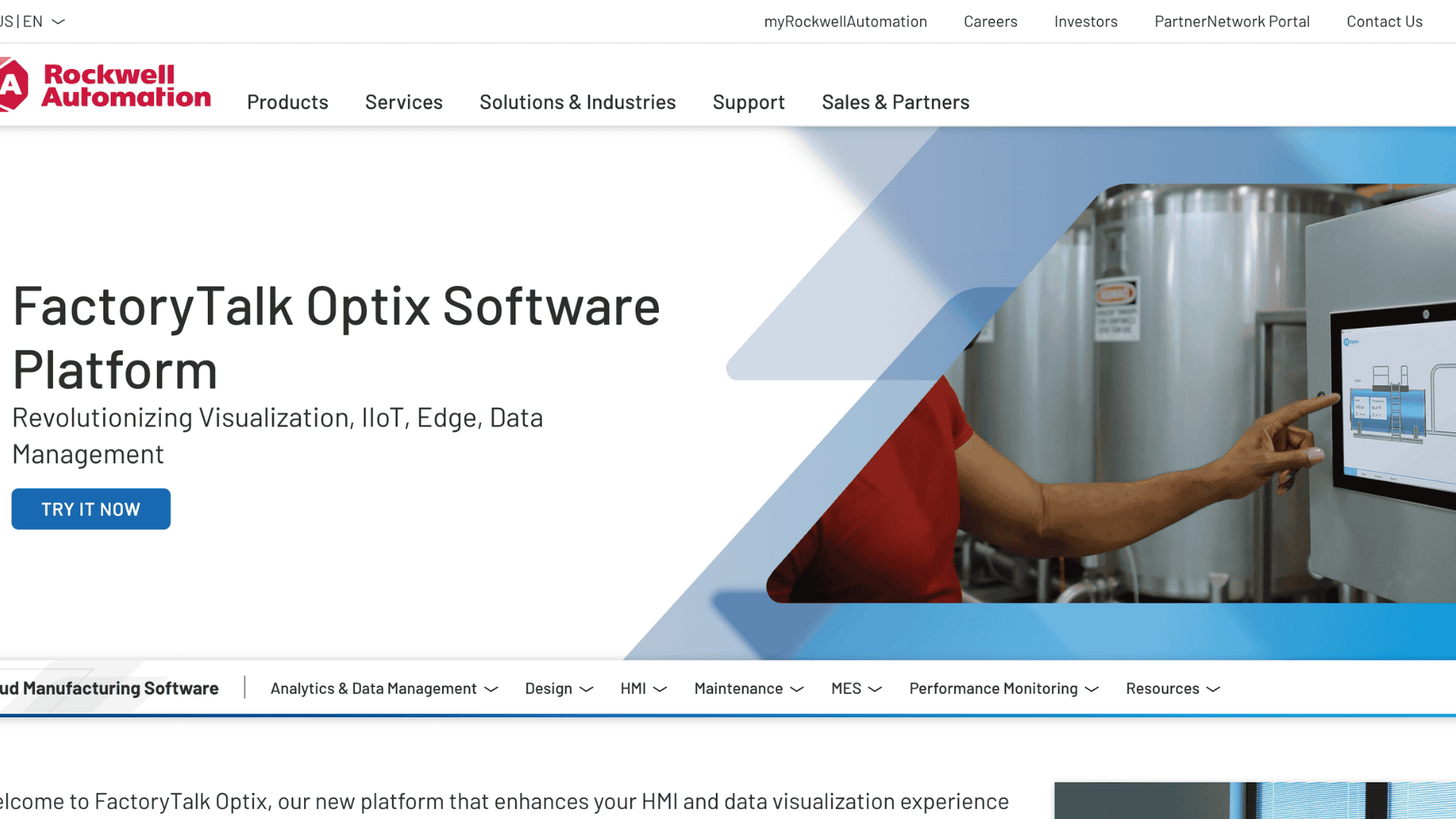rockwell automation factorytalk optix homepage with hmi screen interface