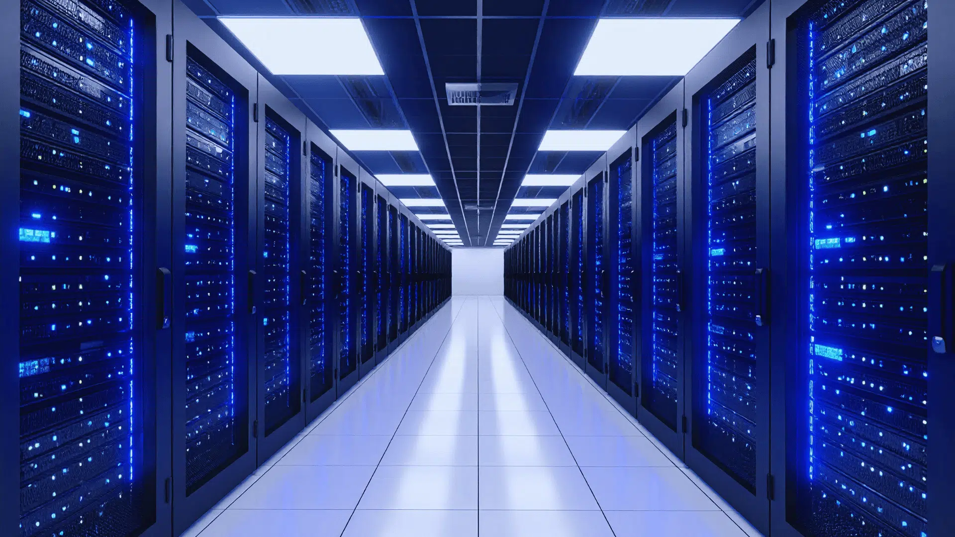 row of blue lit server racks inside modern data center corridor