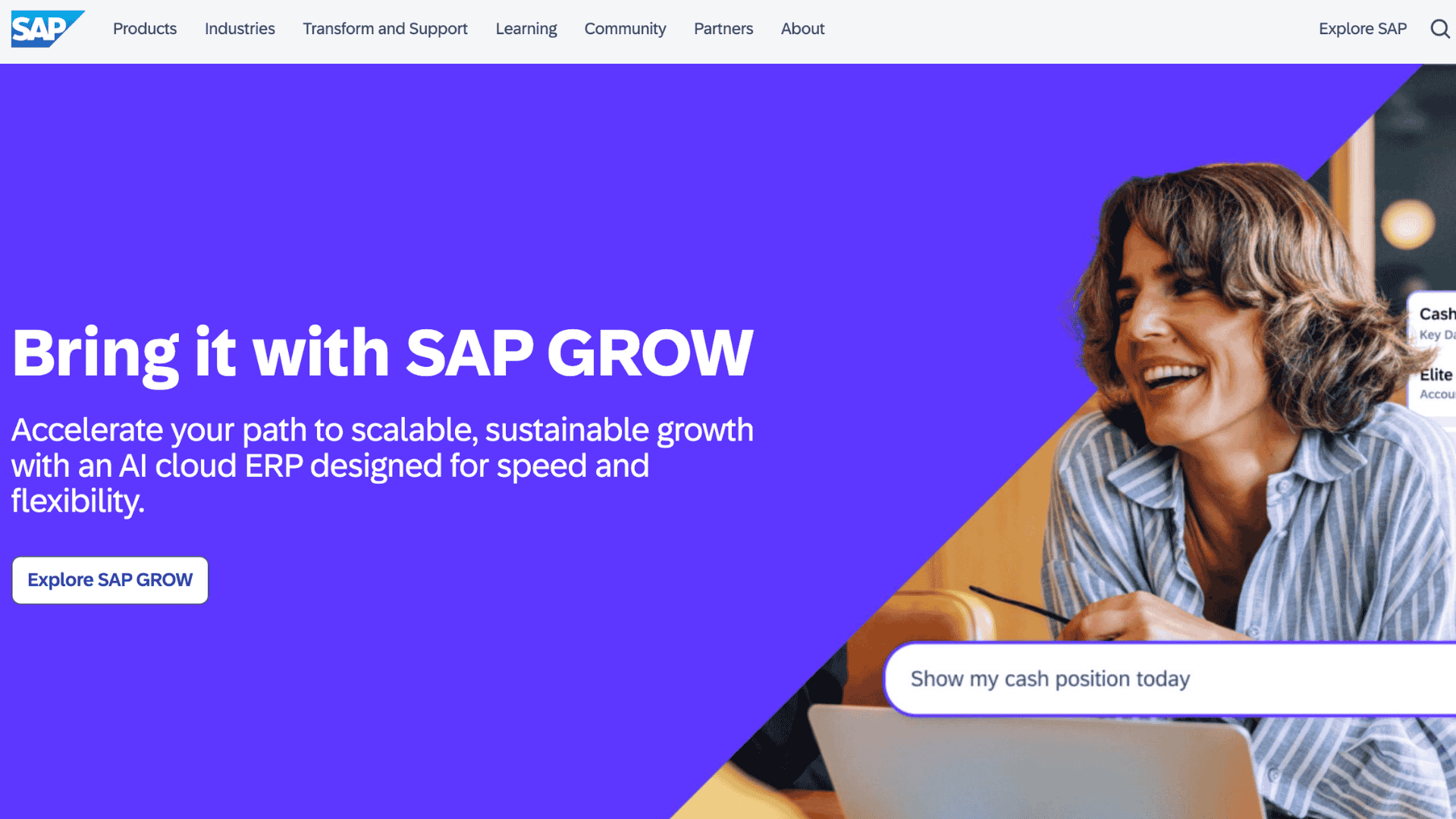 sap grow homepage with smiling woman using laptop and explore button