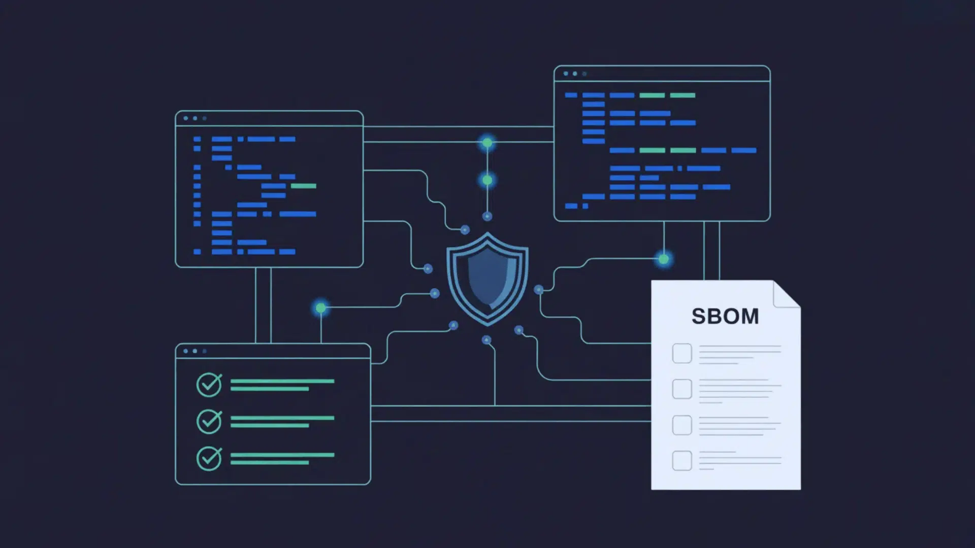 sbom document connected to software code windows and security shield icon