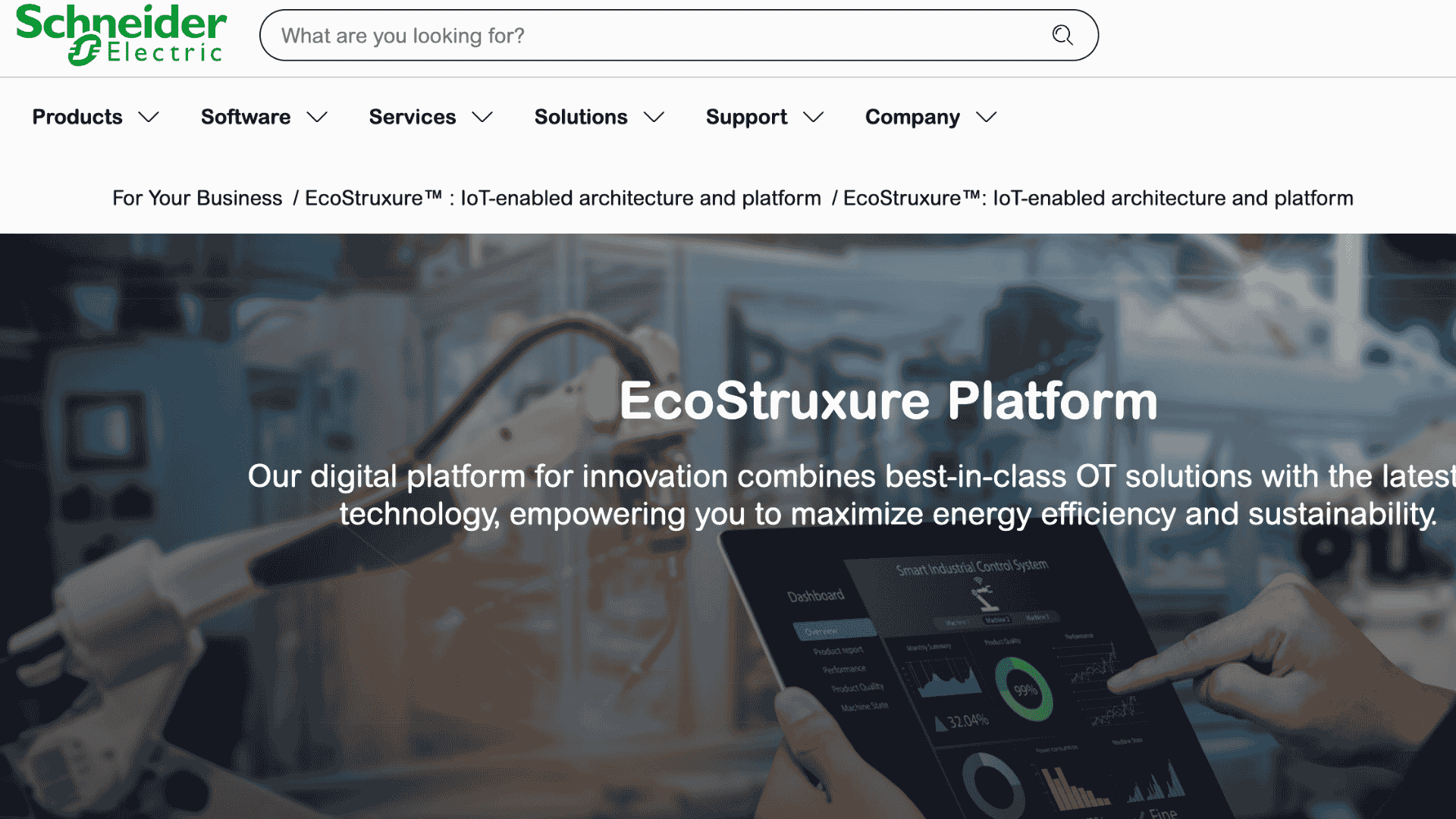 schneider electric ecostruxure platform homepage with digital innovation