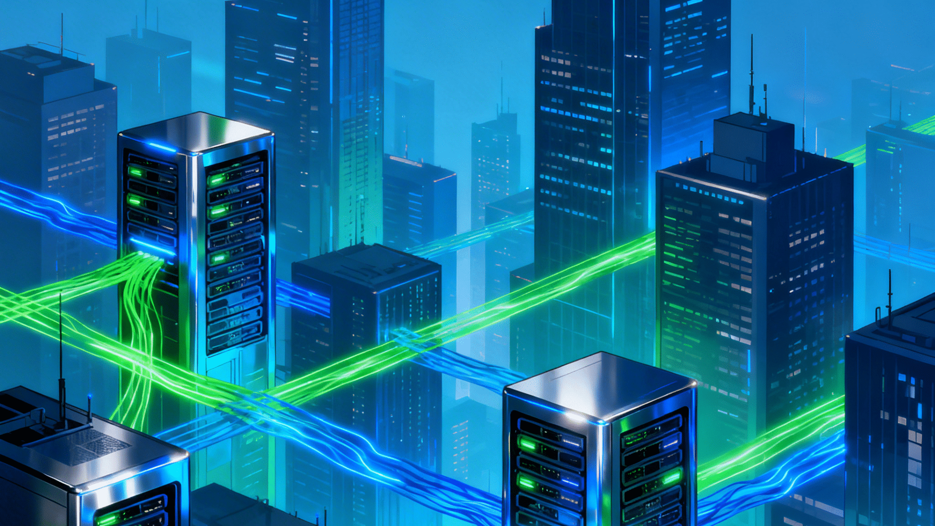 server racks with glowing data streams powering enterprise cloud computing across city