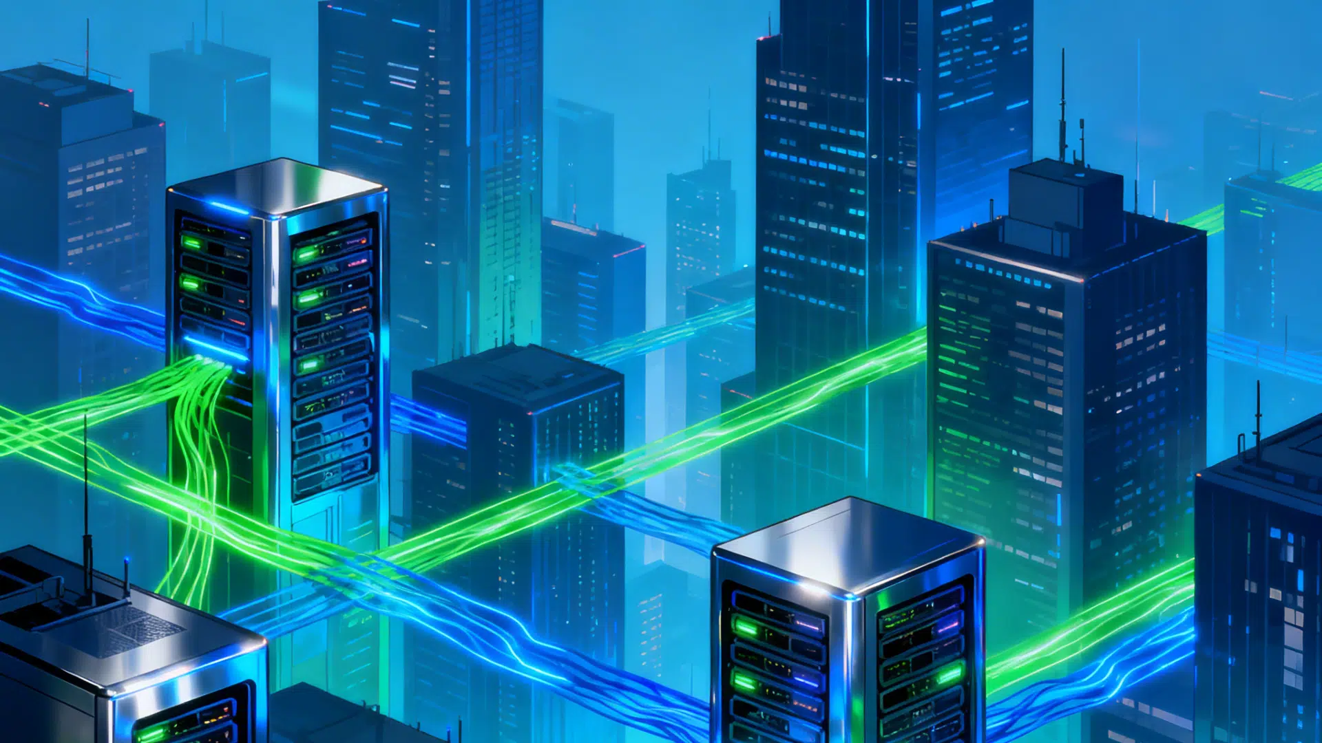 server racks with glowing data streams powering enterprise cloud computing across city