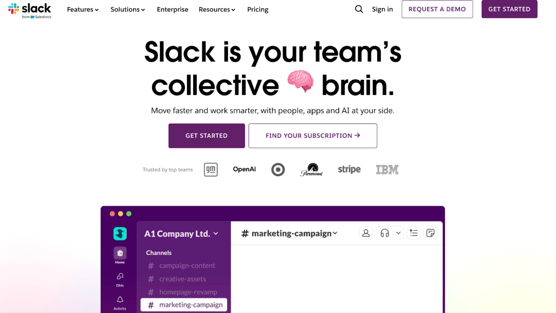 slack homepage showing team collaboration platform with messaging and ai tools
