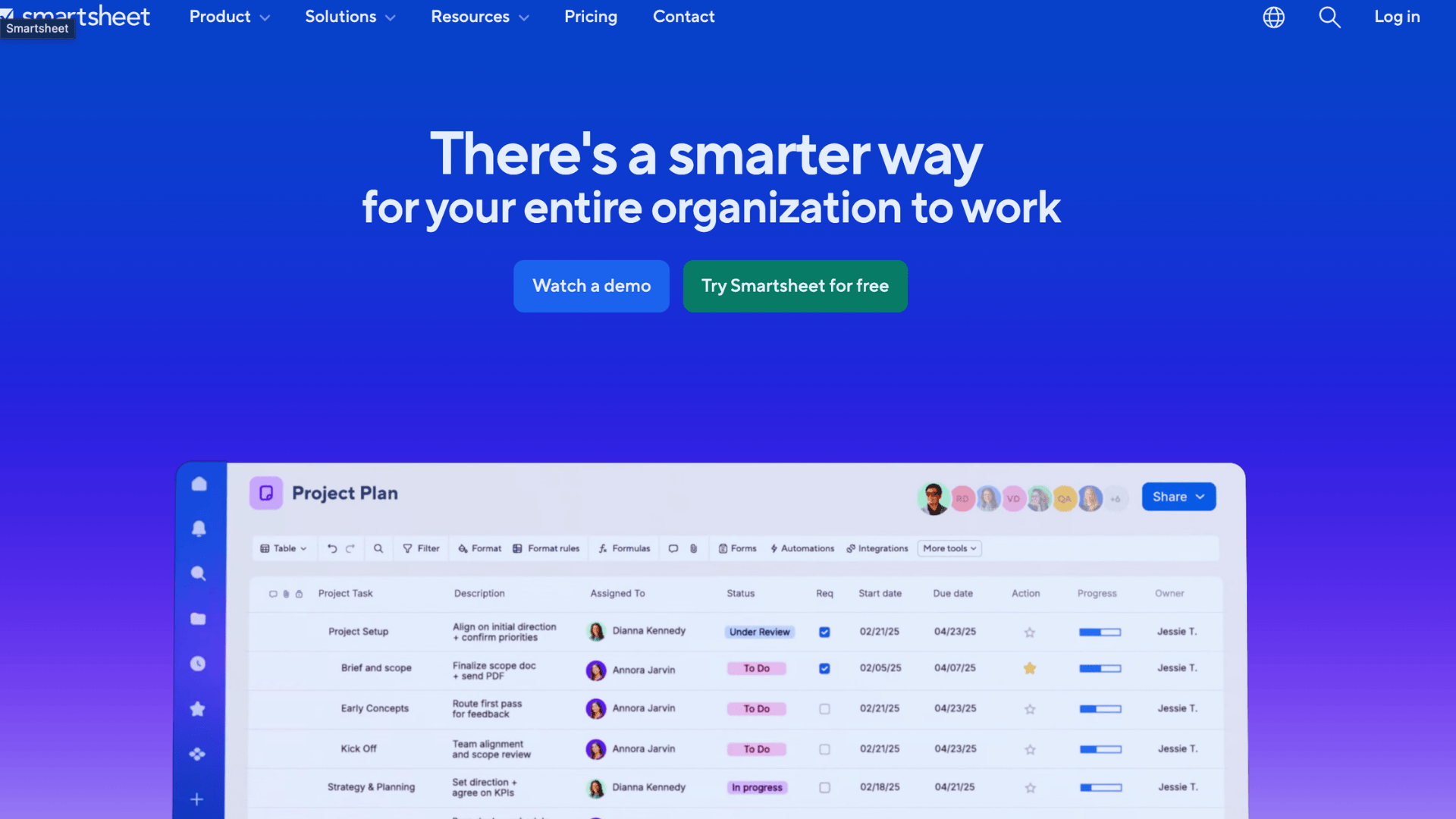 smartsheet homepage showing project plan dashboard with demo and free trial buttons