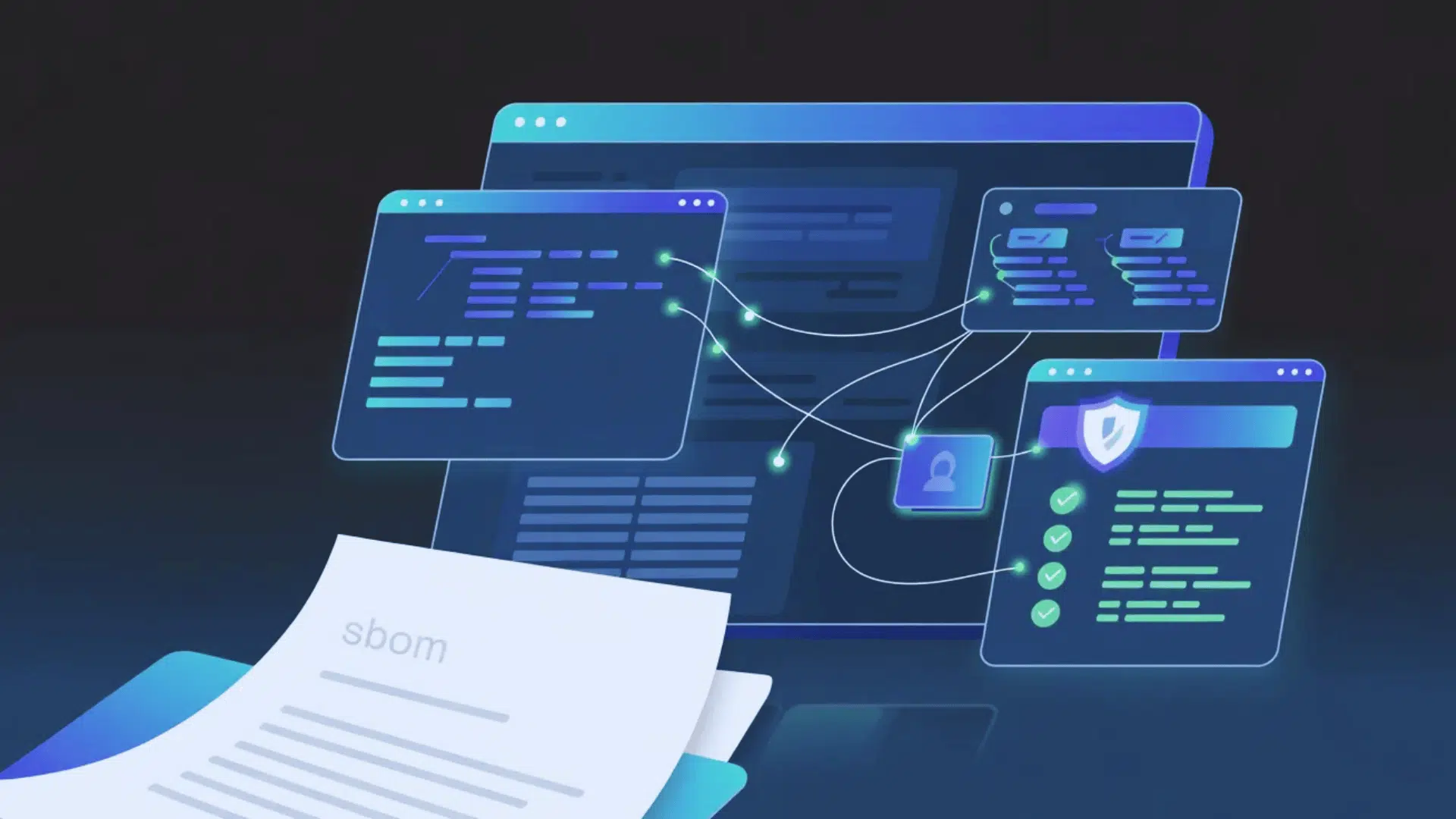 software sbom dashboard with code dependencies and security shield icon