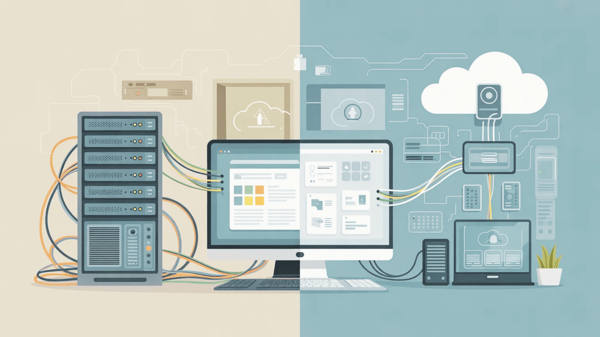 split screen illustration of old servers upgrading to modern cloud system