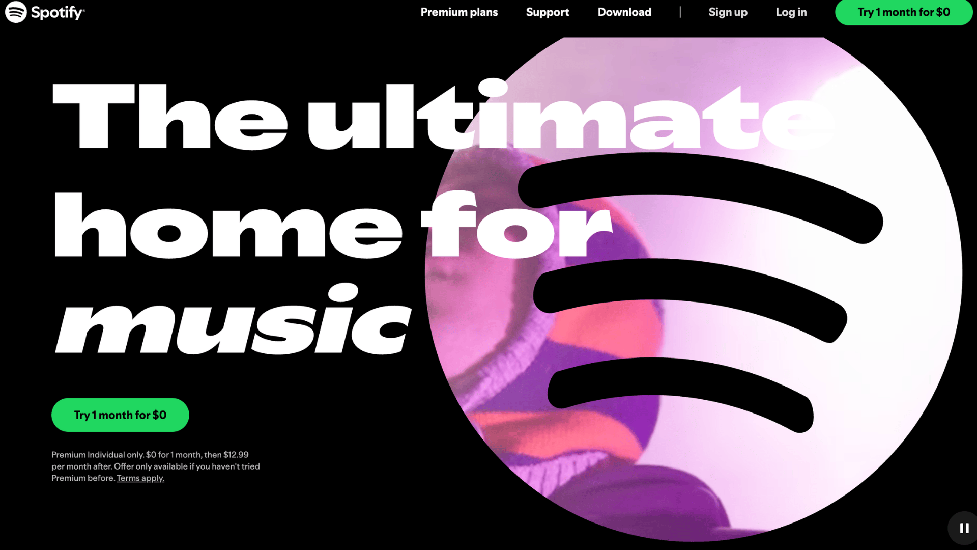 spotify homepage showing music streaming platform with large logo and free trial offer banner
