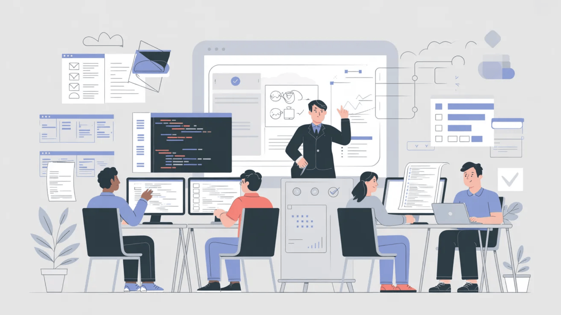 team reviewing code and quality checks in software development process