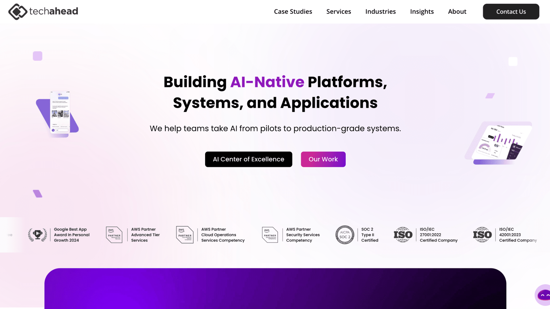 techahead homepage specializing in ai native platforms and systems for android app development