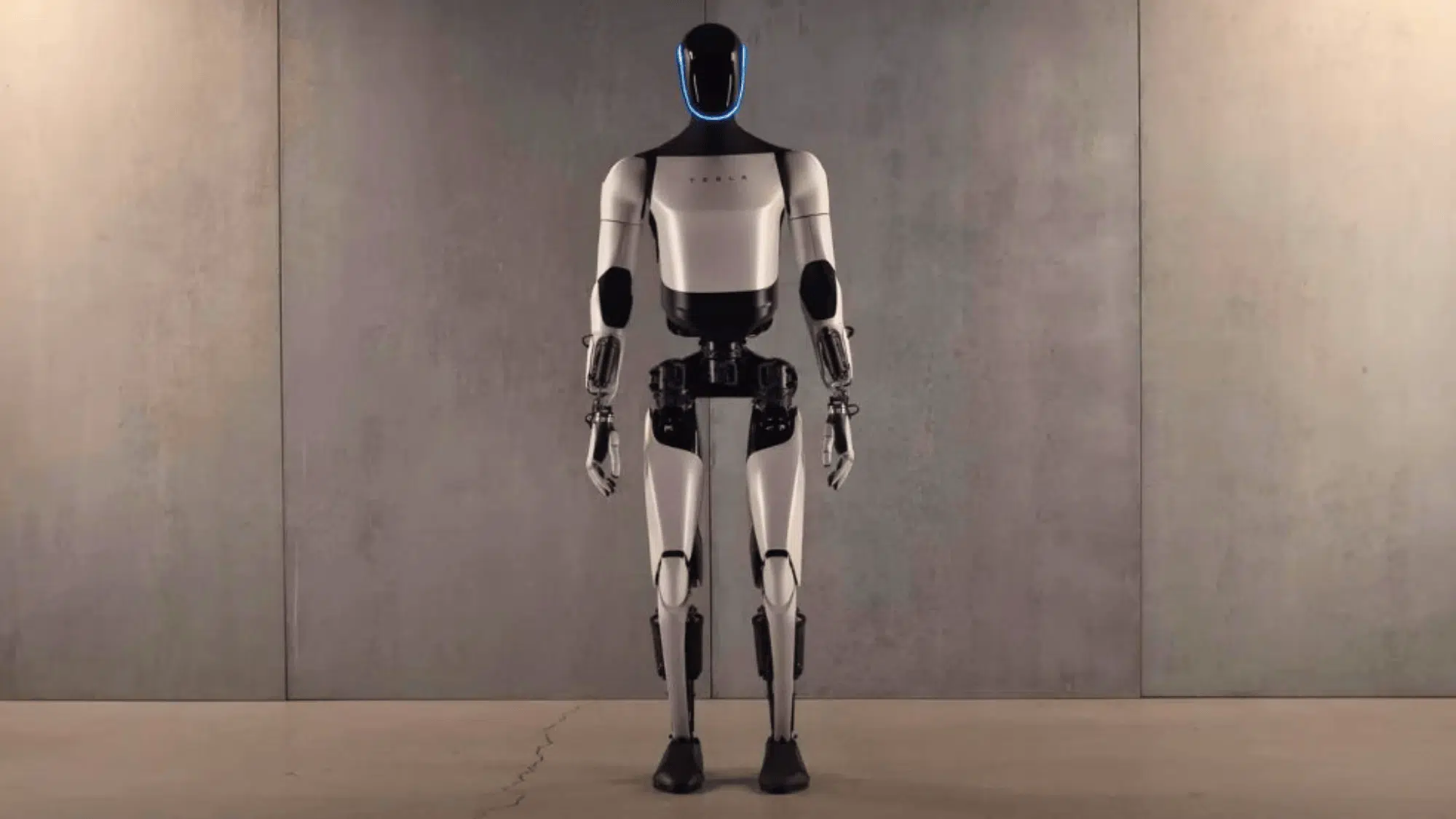 tesla humanoid robot standing with a minimalist background