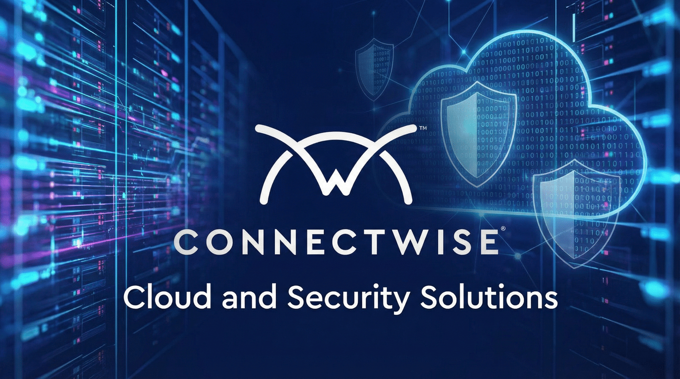 three dimensional digital cloud with shield icons symbolizes connectwise cloud and security.