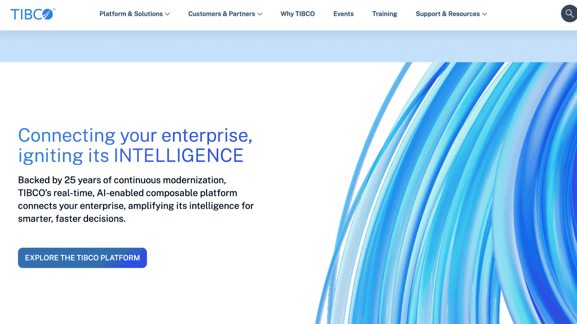 tibco platform homepage with connecting your enterprise intelligence