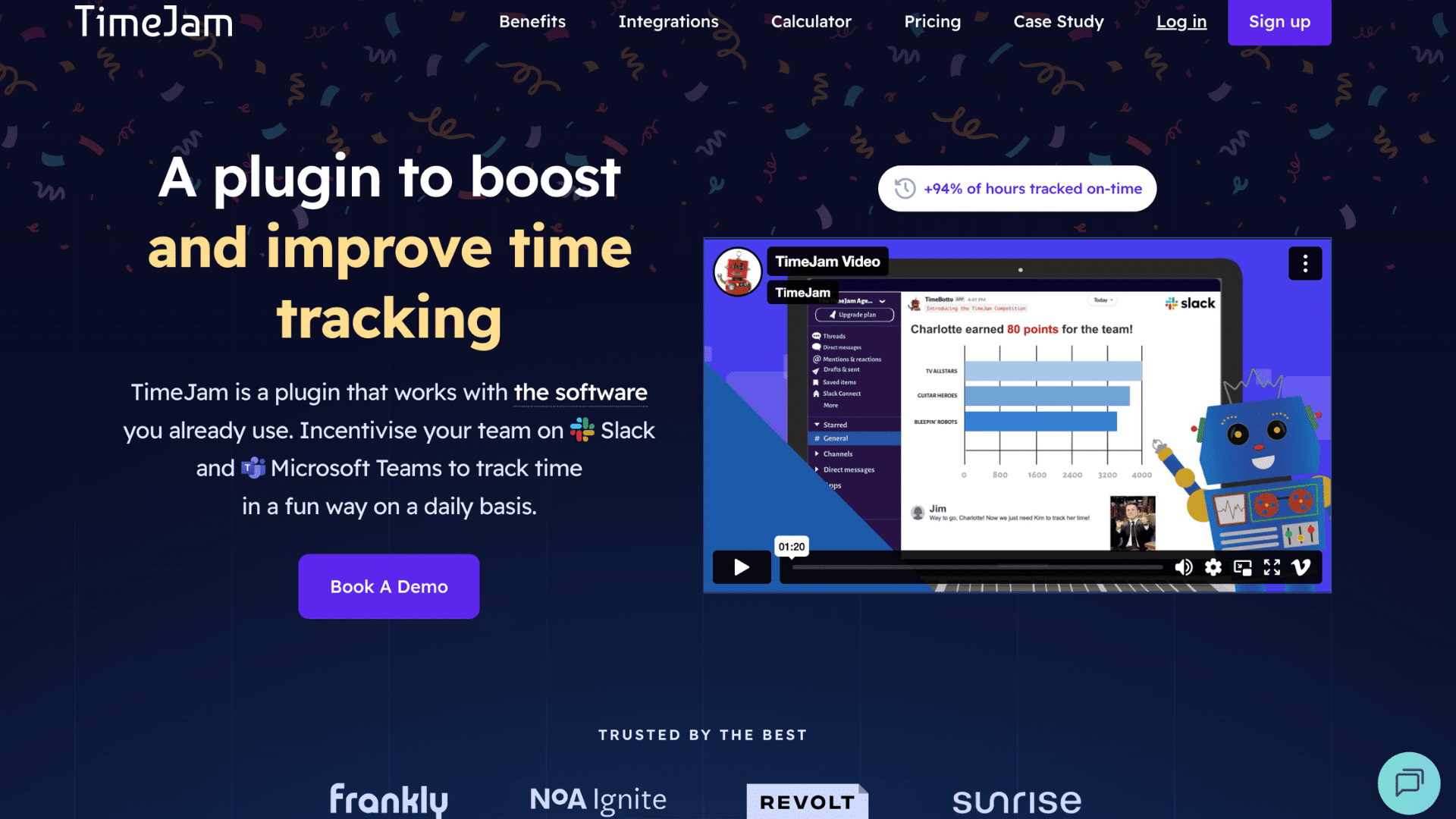 timejam landing page promoting a time tracking plugin for slack and microsoft teams