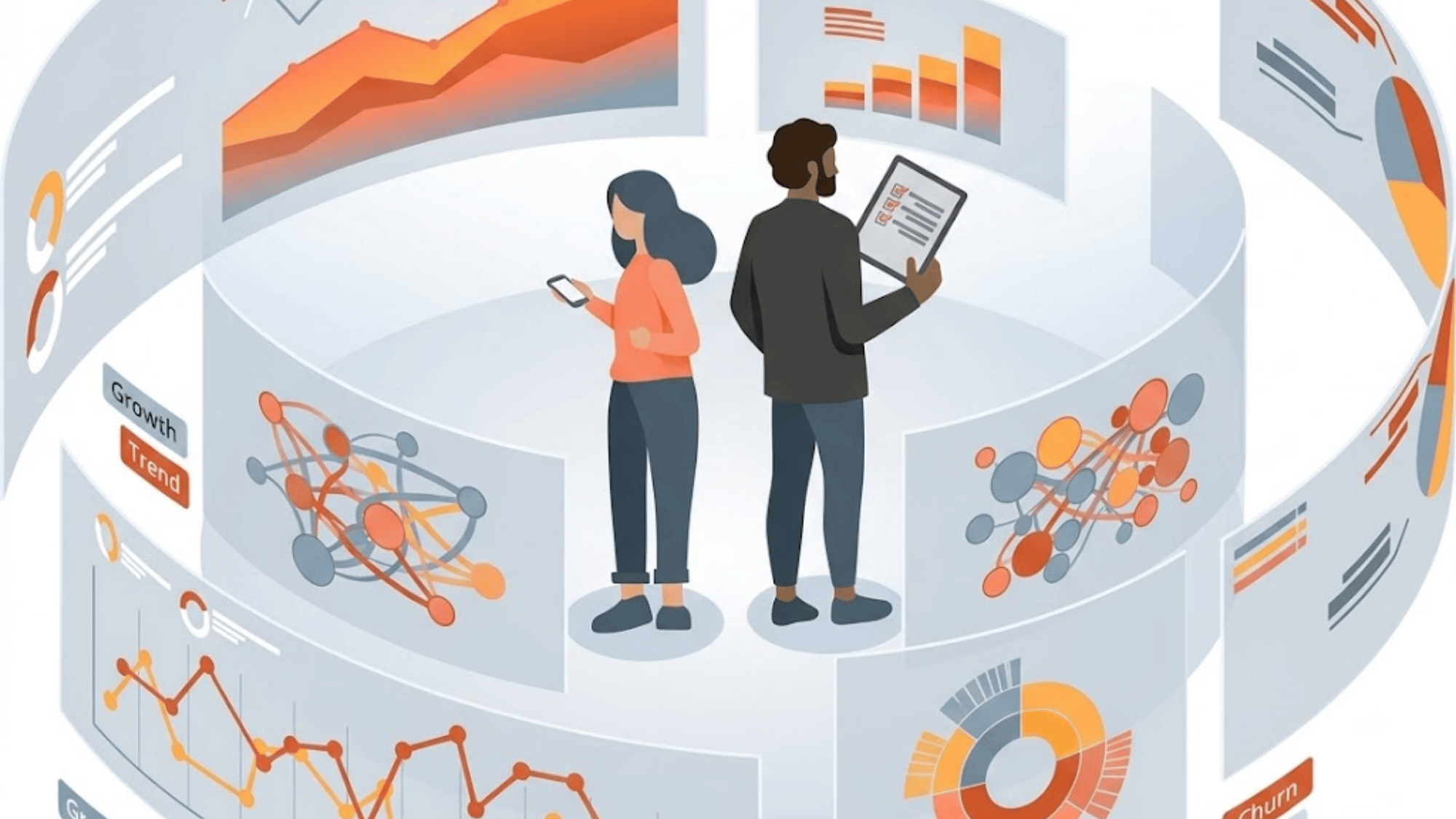 two people analyzing charts and data dashboards on screens using tablet and phone in modern workspace