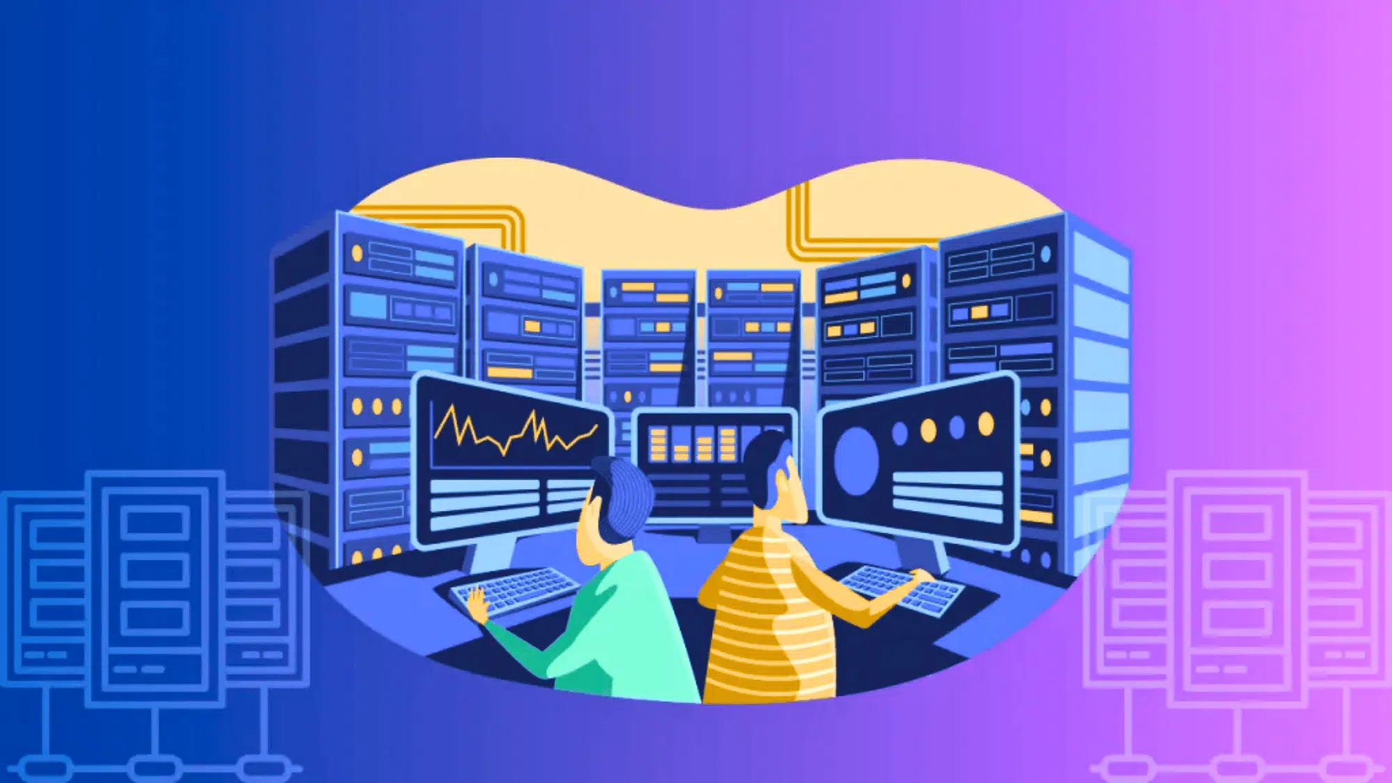 two people monitoring multiple server racks on large screens with analytics dashboards representing server management