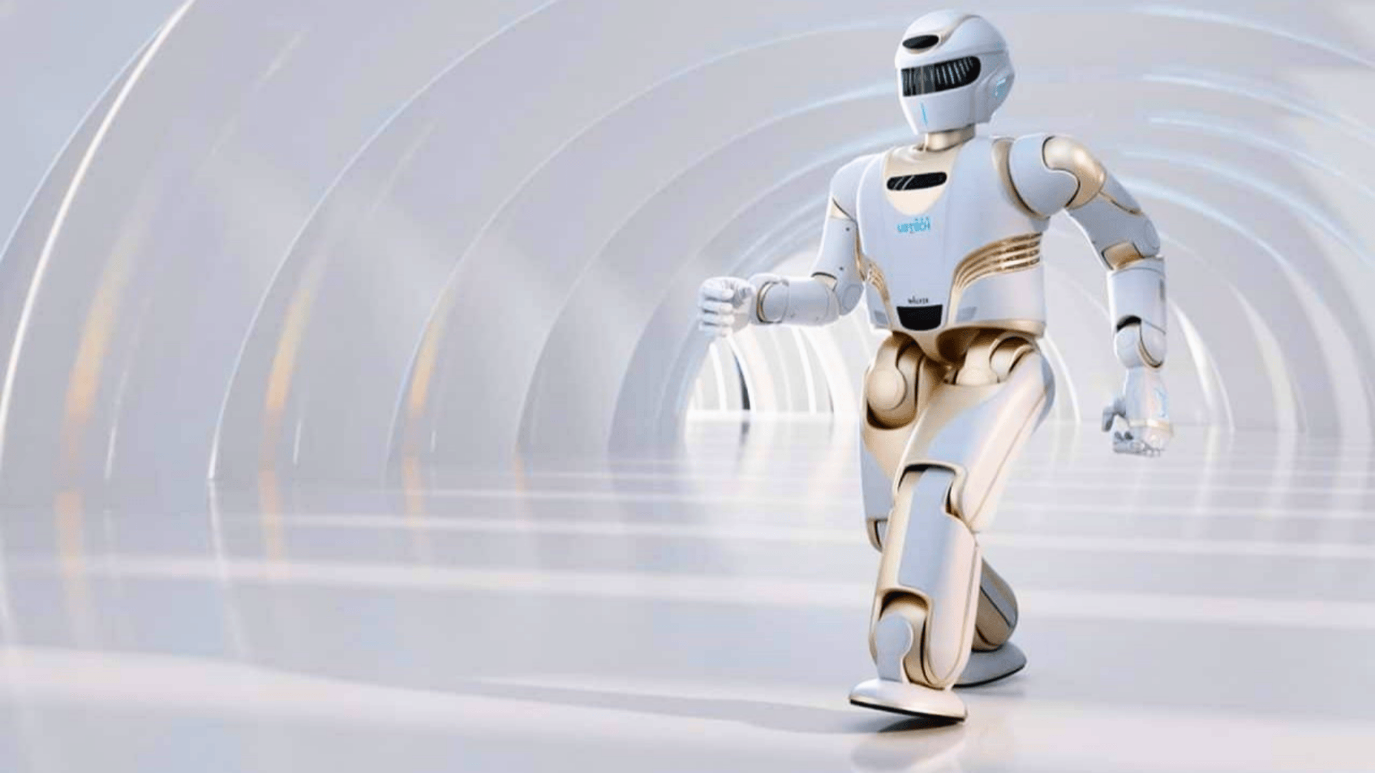 ubtech walker x robot walking in a futuristic hallway