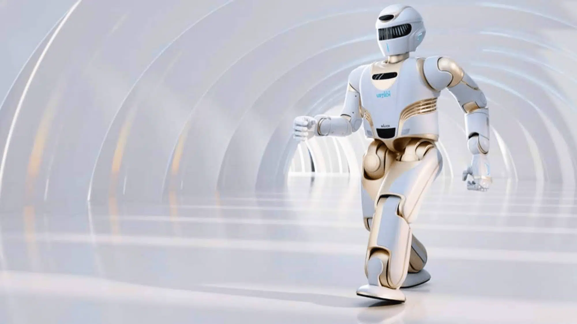 ubtech walker x robot walking in a futuristic hallway