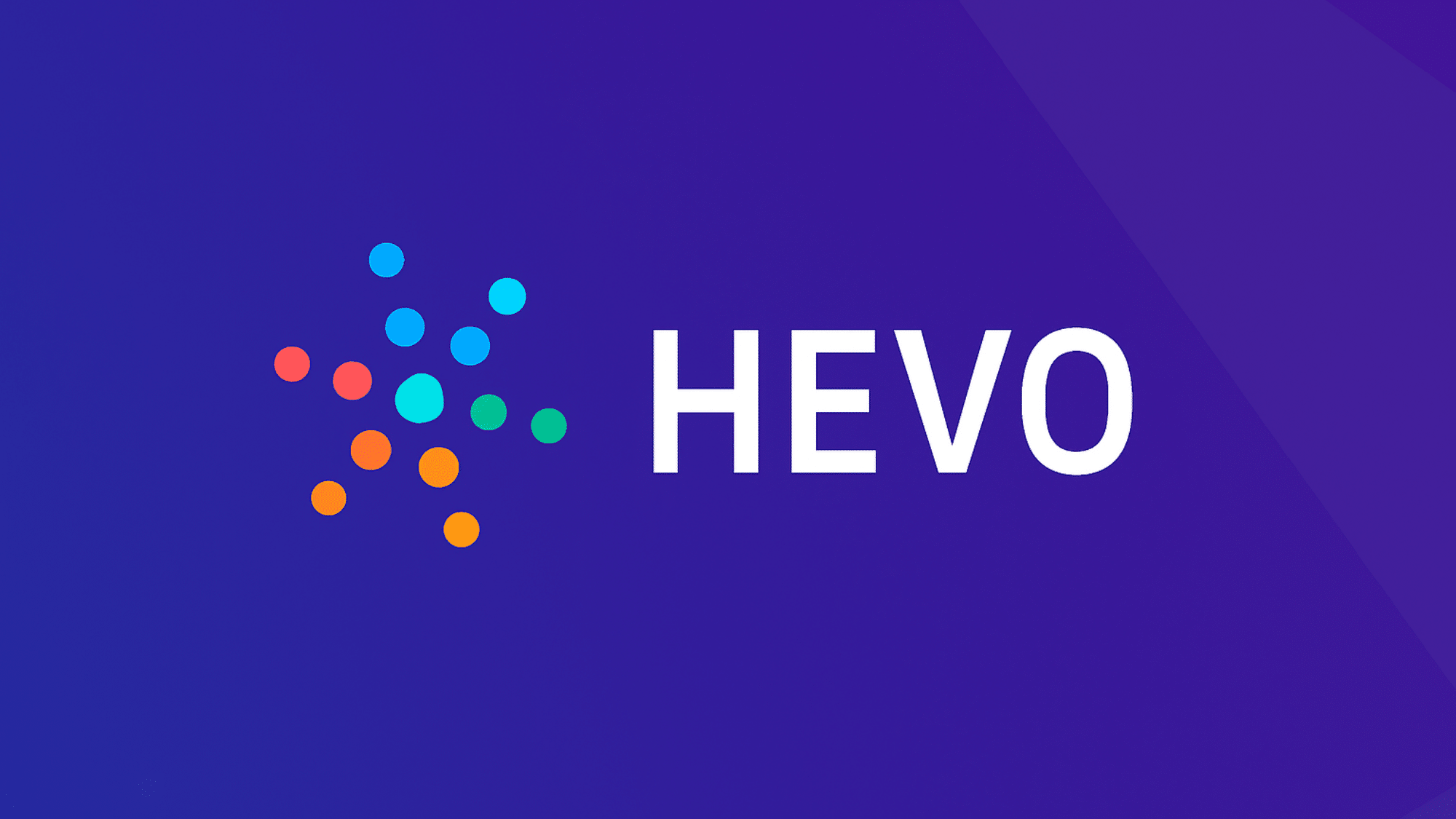 vibrant hevo logo with colorful dots forming a starburst pattern on the left set against a deep blue background