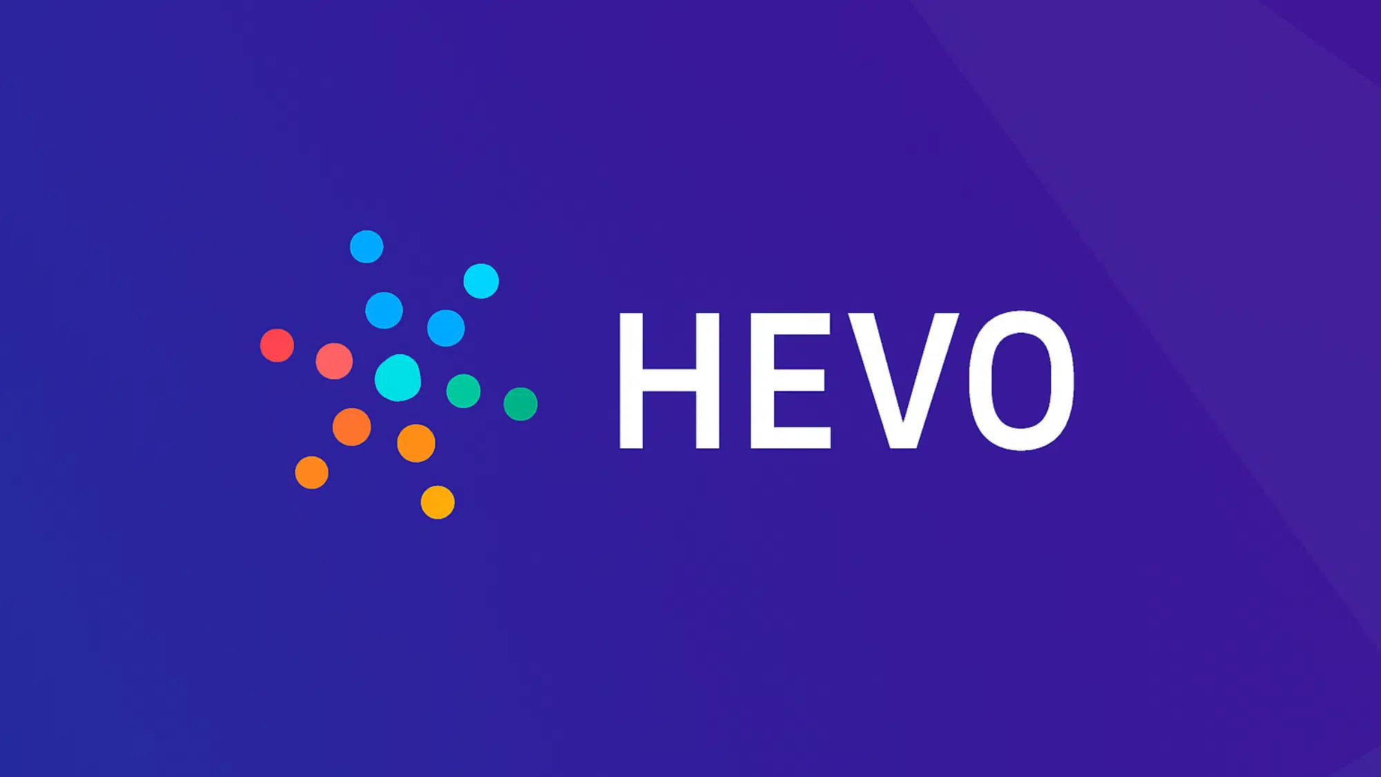 vibrant hevo logo with colorful dots forming a starburst pattern on the left set against a deep blue background
