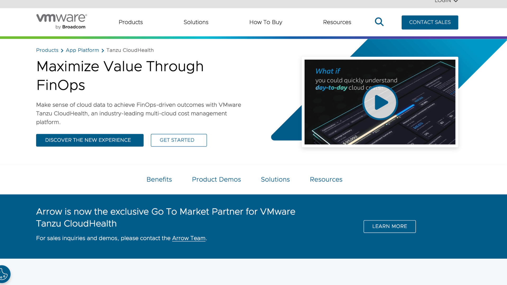 vmware tanzu cloudhealth finops page with discover the new experience and get started buttons