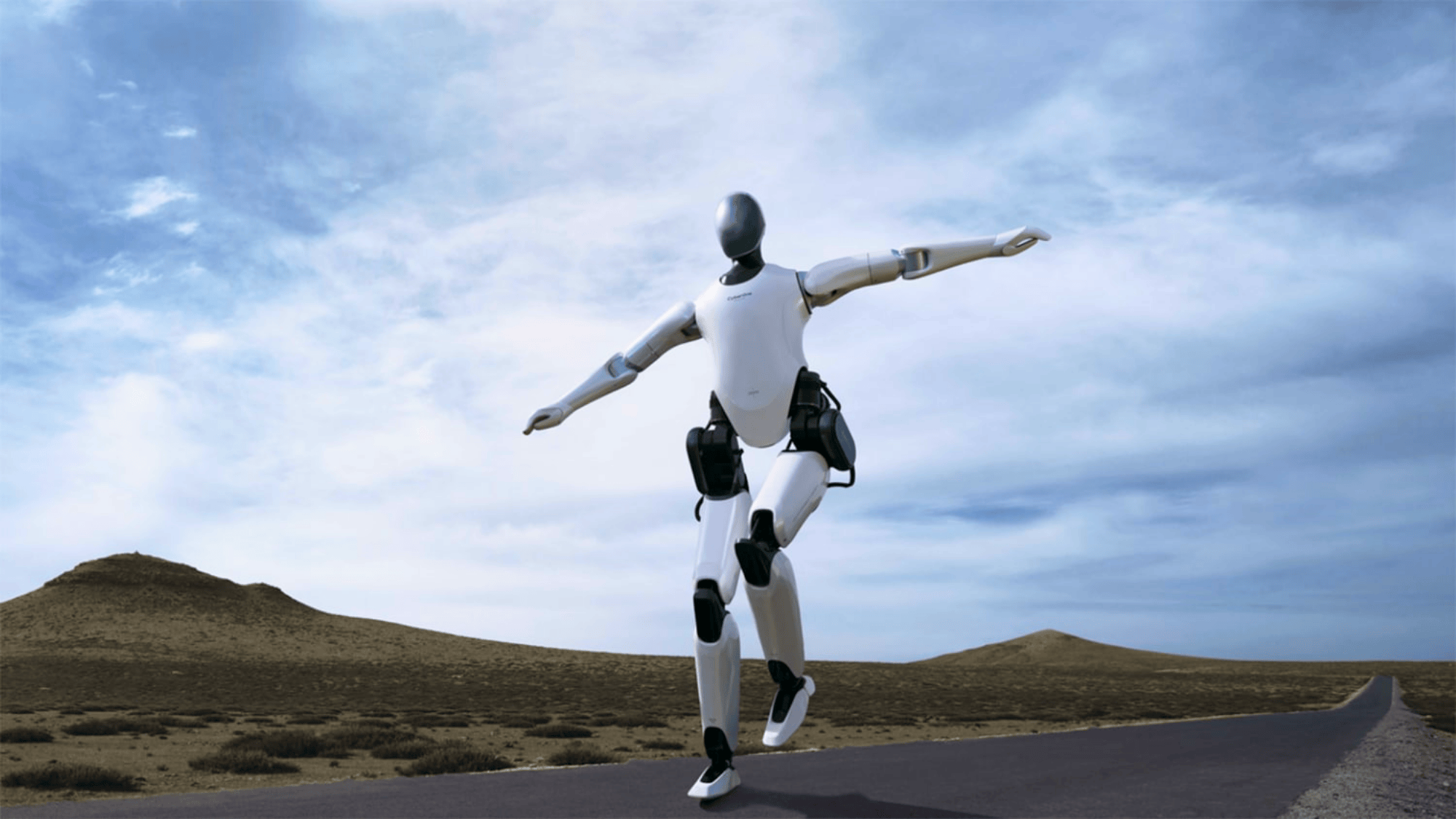 xiaomi cyberone balancing on one foot on an empty road