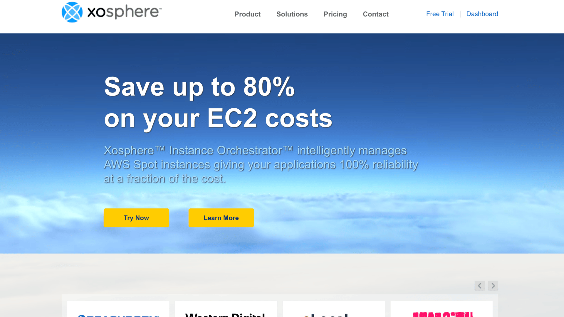 xosphere page about saving up to 80 percent on ec2 costs with try now and learn more buttons
