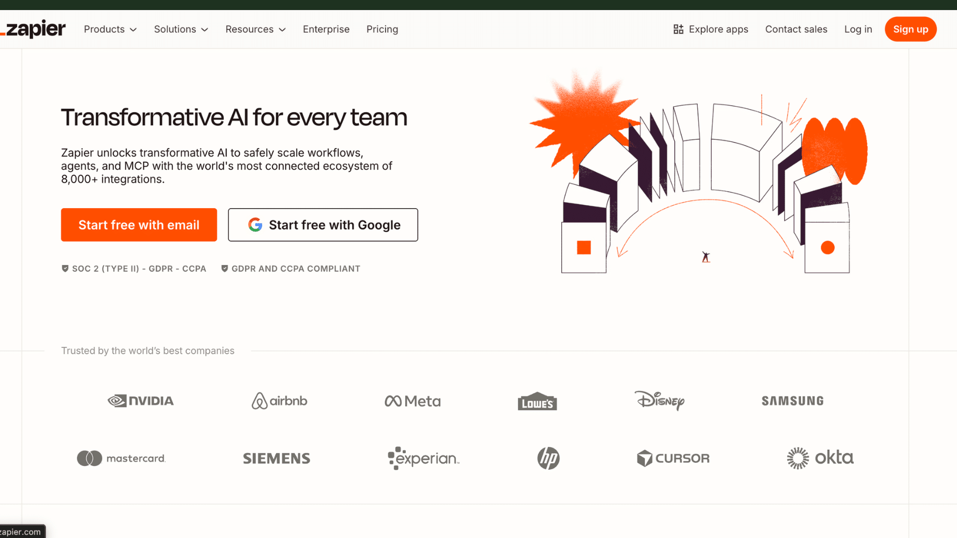 zapier homepage promoting ai automation and workflow integrations for teams