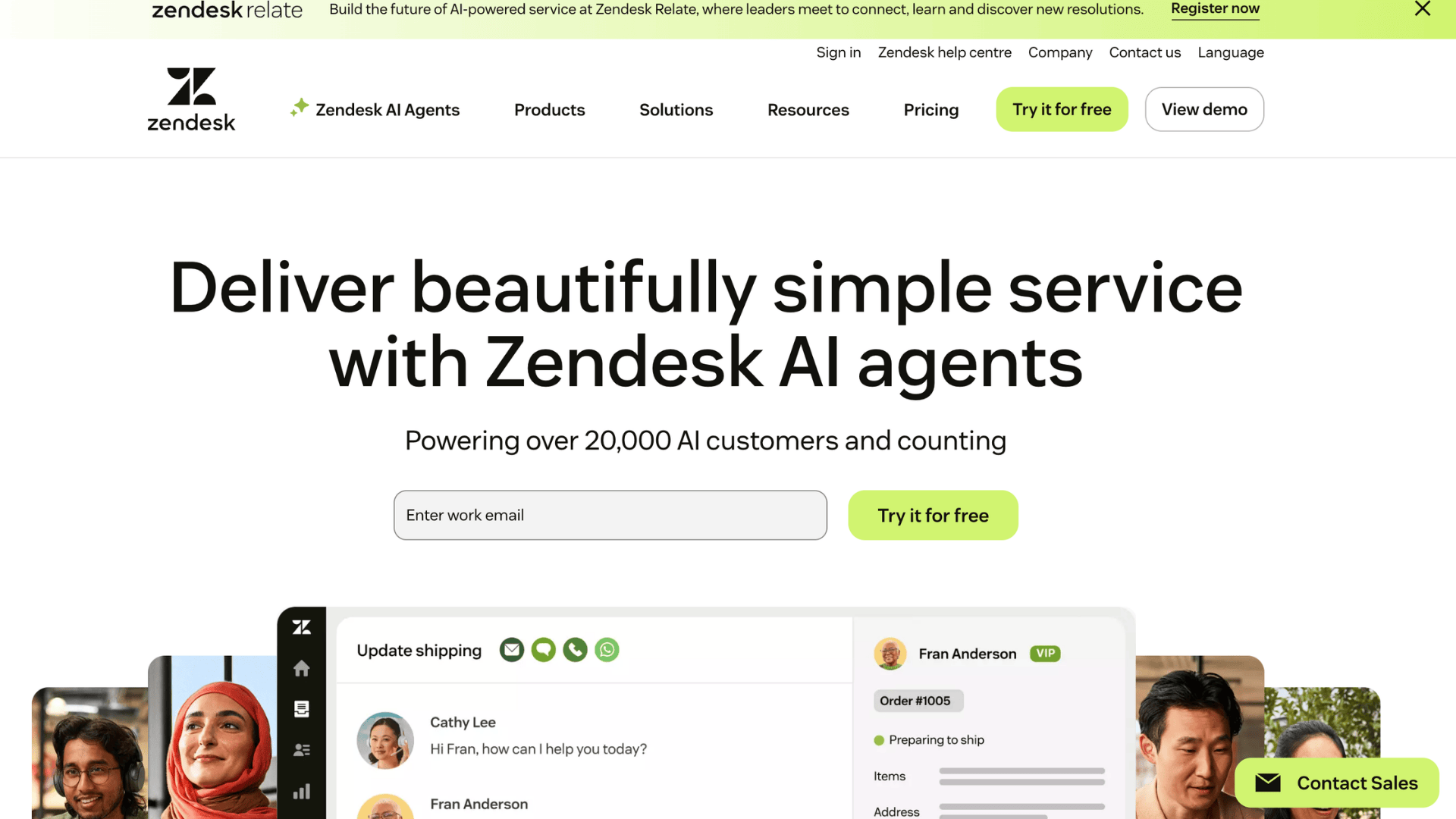 zendesk homepage showing ai agents service and try it for free button