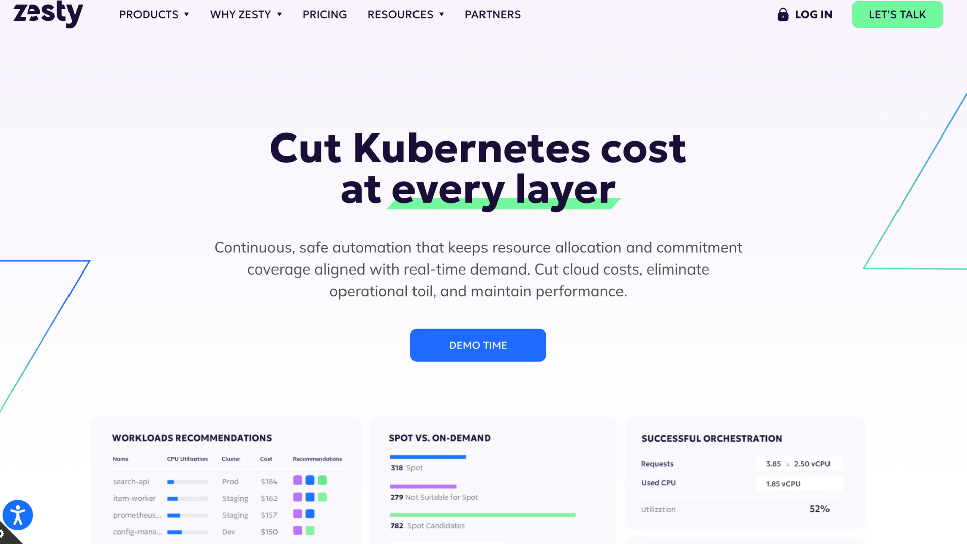 zesty homepage about cutting kubernetes cost at every layer with demo time button