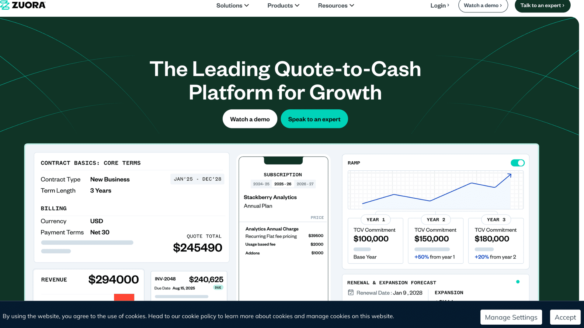 zuora homepage showing quote to cash platform dashboard with demo and expert buttons