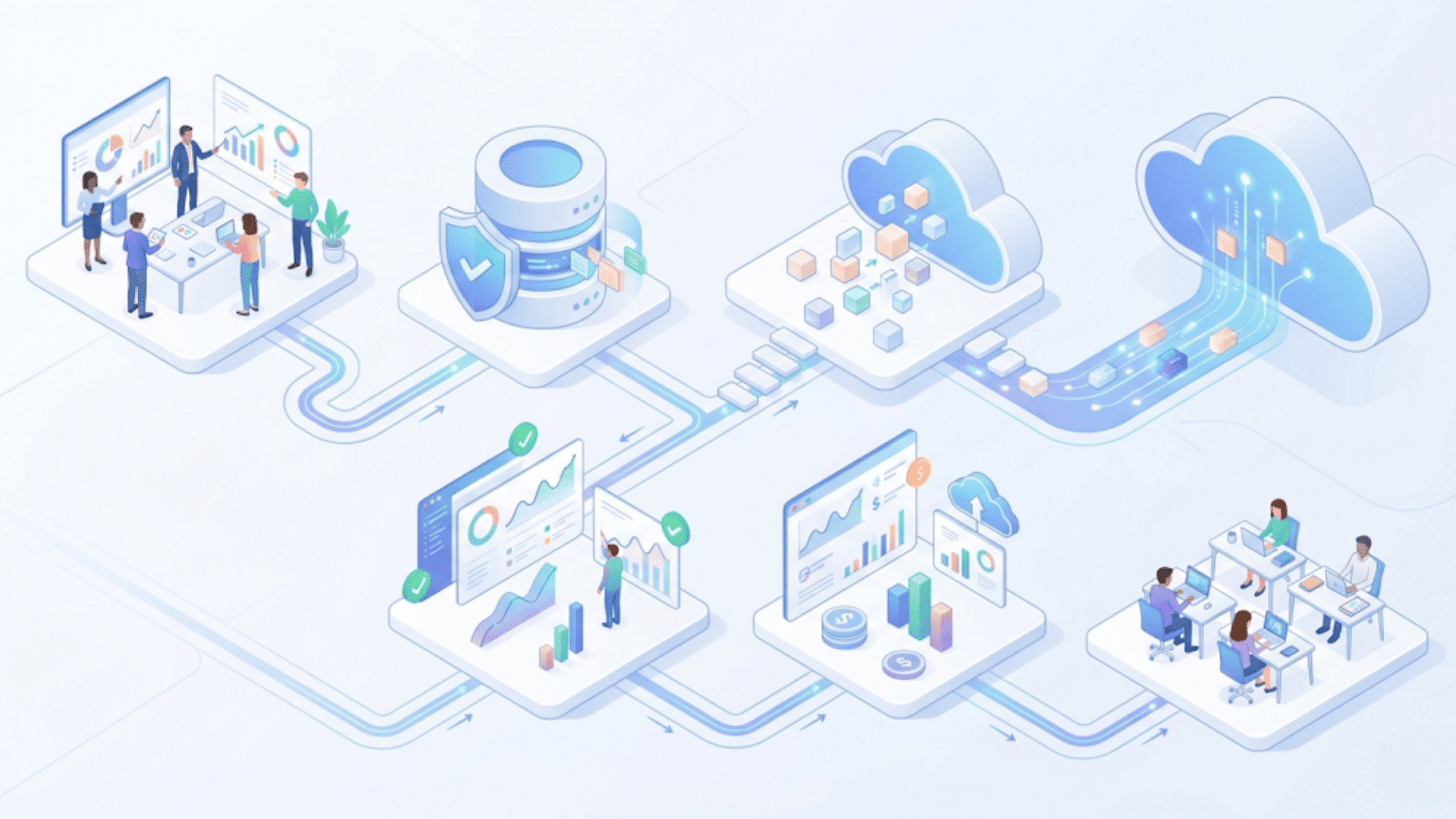 a cloud data pipeline showing teams analyzing dashboards secure server processing data