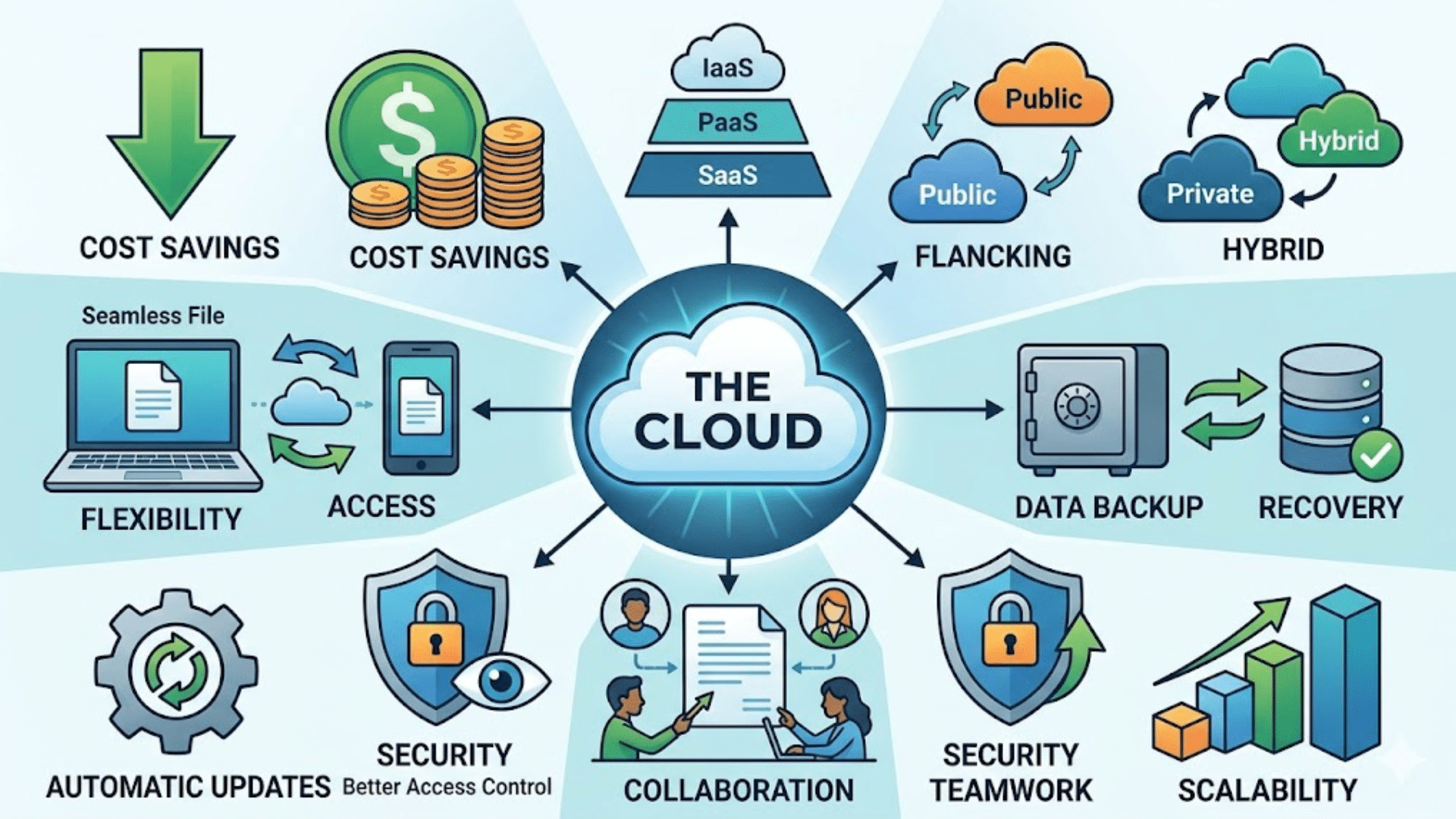 a digital network of cloud computing icons showing data storage and global connectivity in blue tones