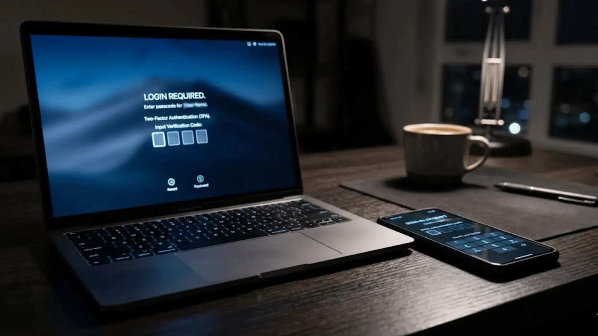 a laptop and smartphone on desk display login required screen with two factor authentication prompt and code entry fields at night