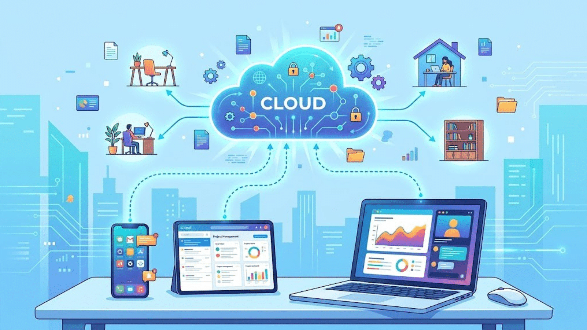 A laptop, tablet, and smartphone are all connected to a glowing digital cloud icon in an illustration