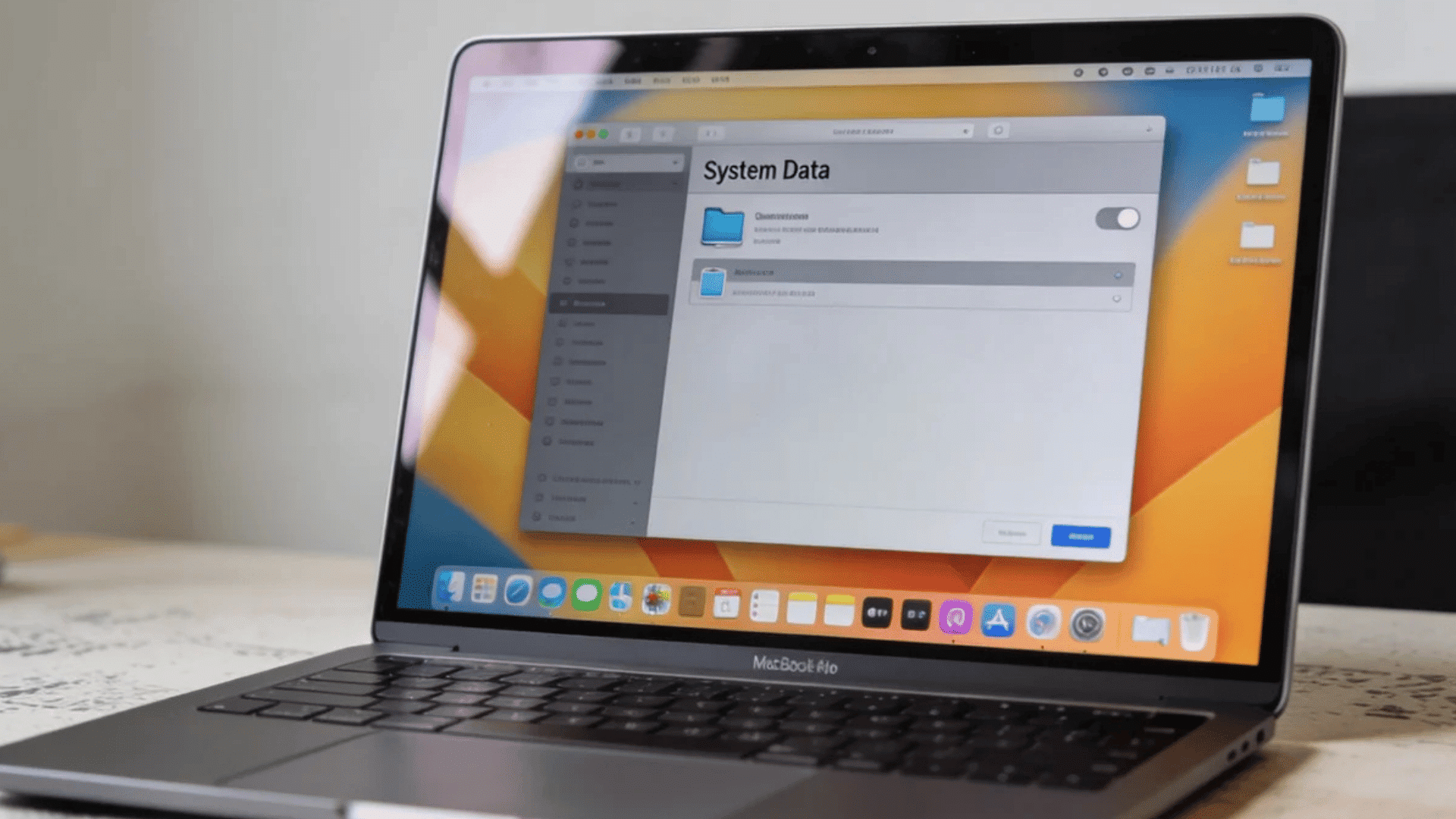 a macbook air displaying system data settings window on a desk with colorful desktop background and folders visible
