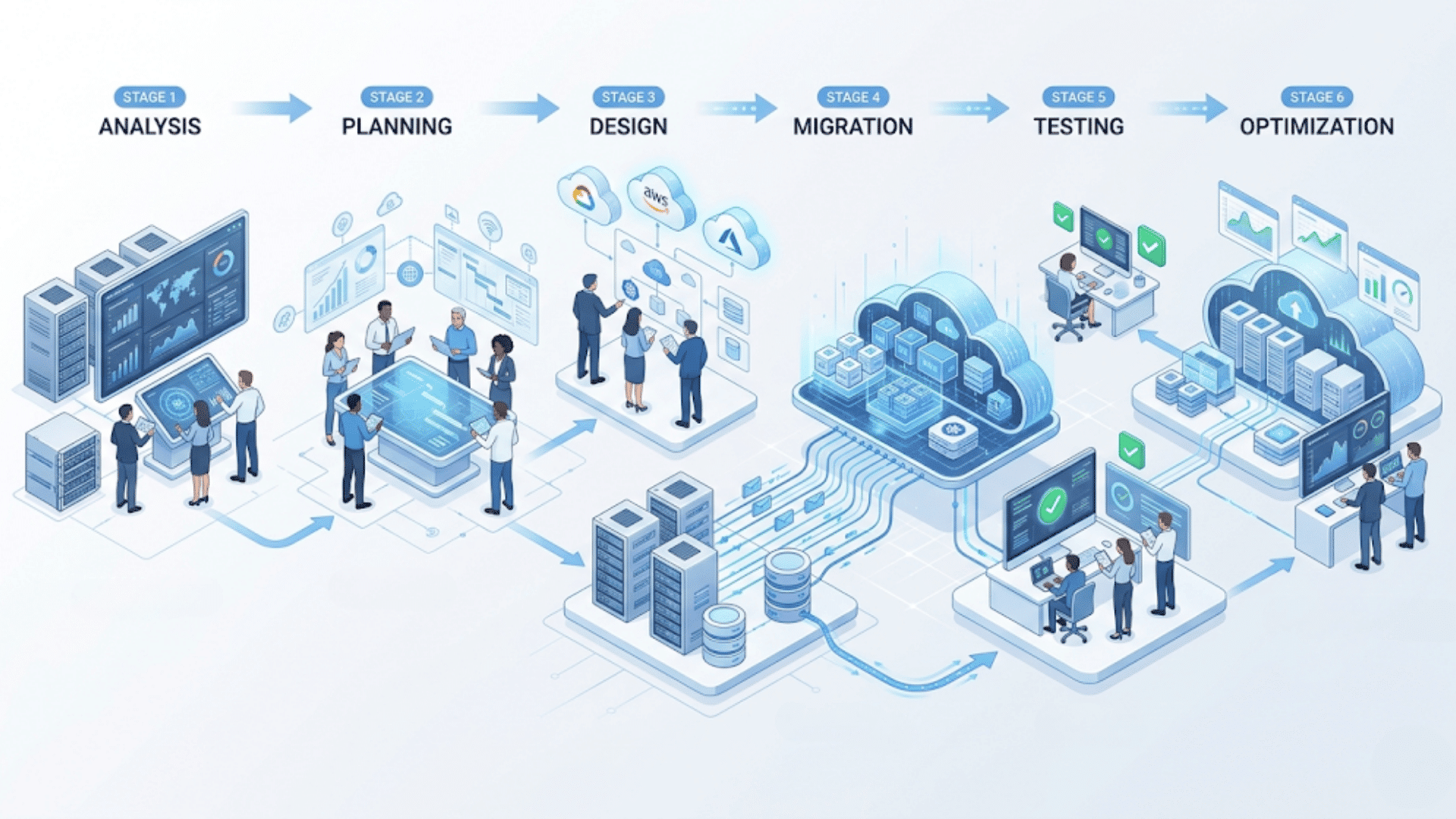 a workflow diagram showing teams moving through analysis planning design migration testing and optimization
