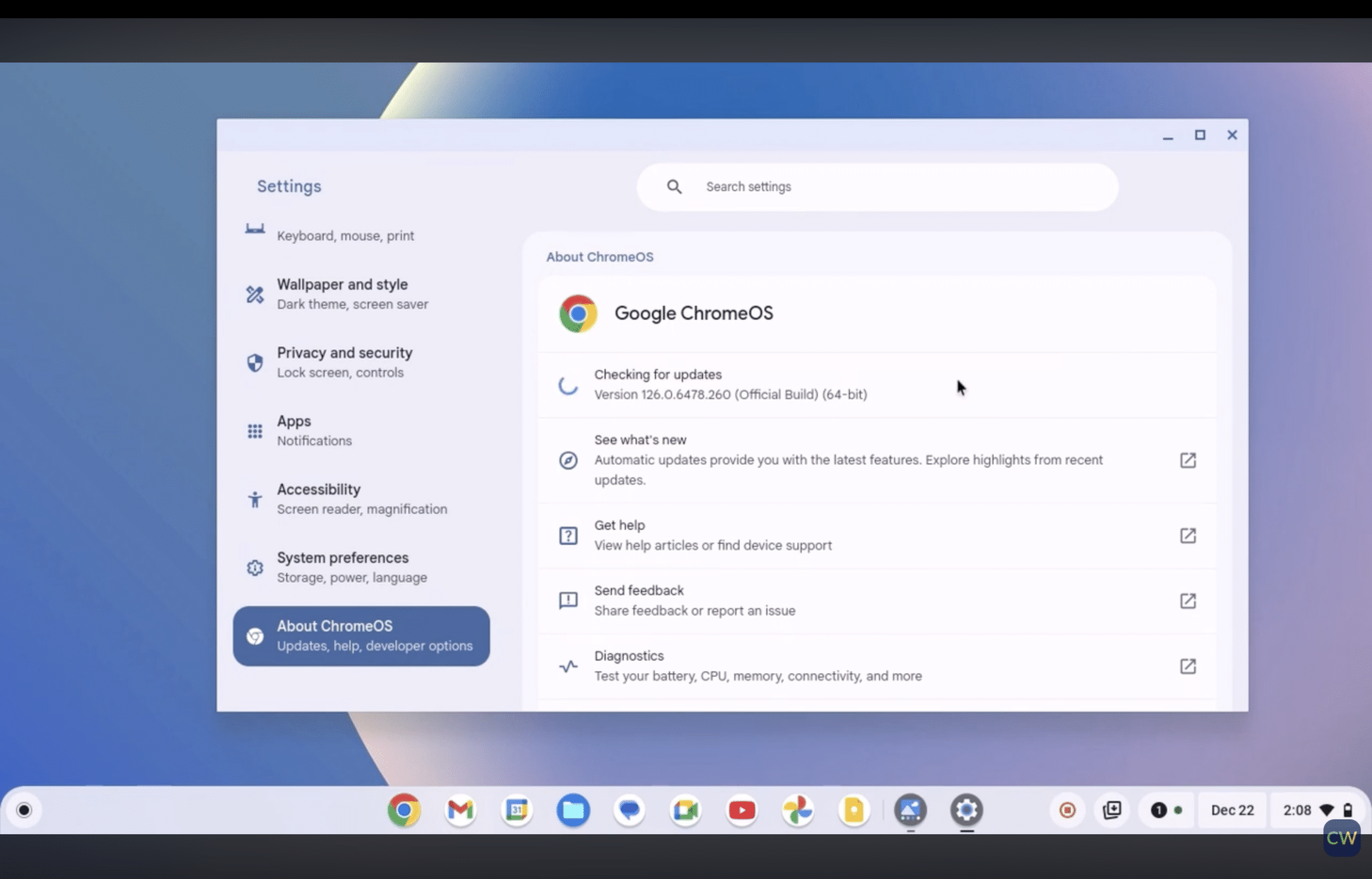 about chromeos page showing checking for updates status under google chromeos version how to update a chromebook