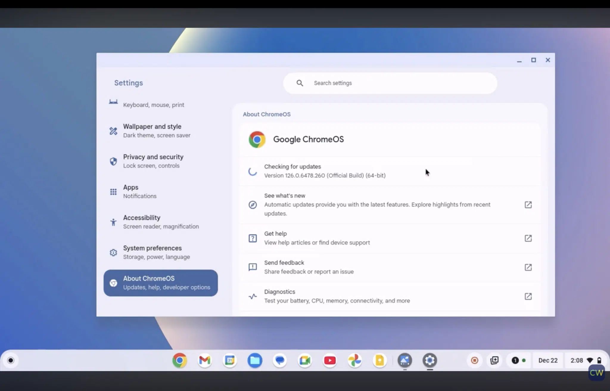 about chromeos page showing checking for updates status under google chromeos version how to update a chromebook